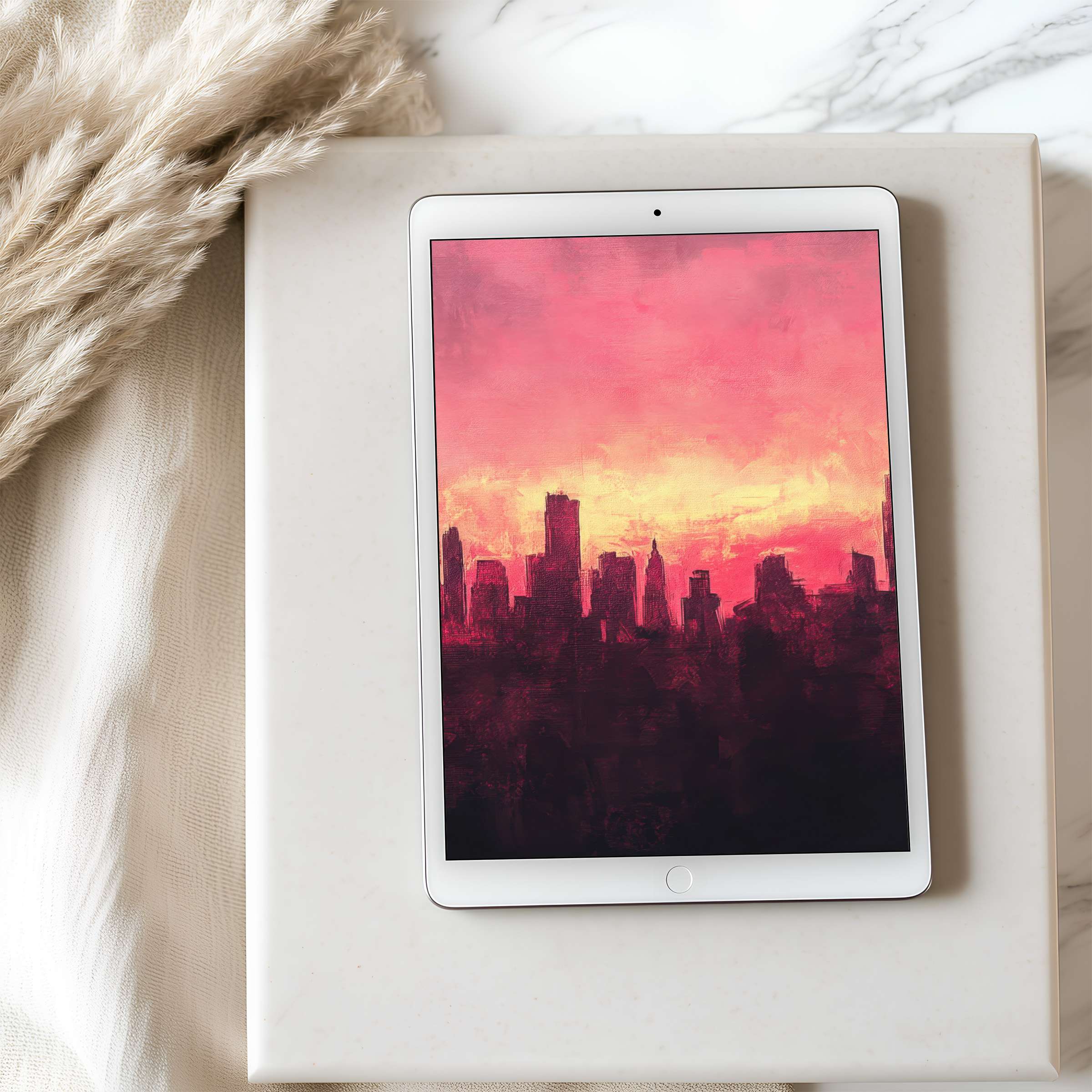 Elegant tablet wallpaper featuring a high-resolution sunset cityscape in warm hues, perfect for iPad and Android tablets, digital download