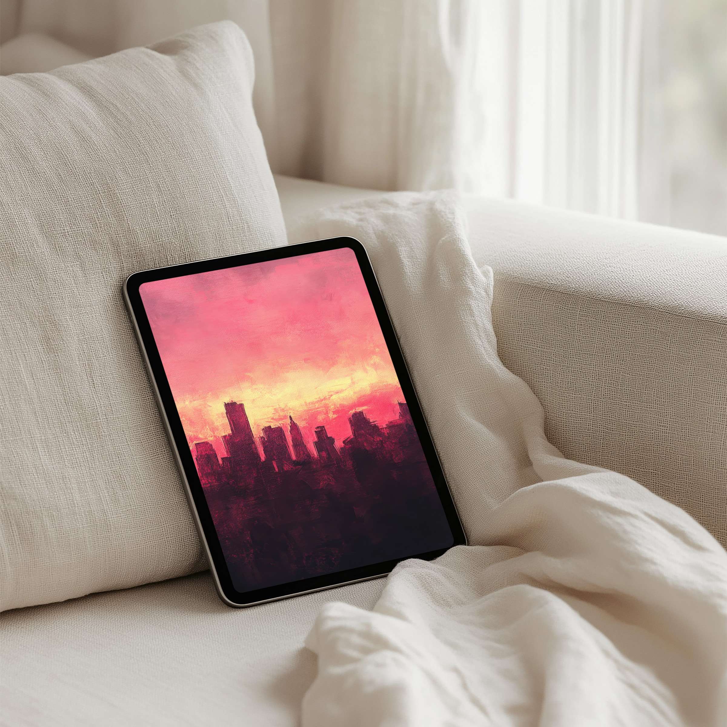 Elegant iPad background featuring a vibrant sunset cityscape for instant download, compatible with all tablets, inspiring calm and mindfulness