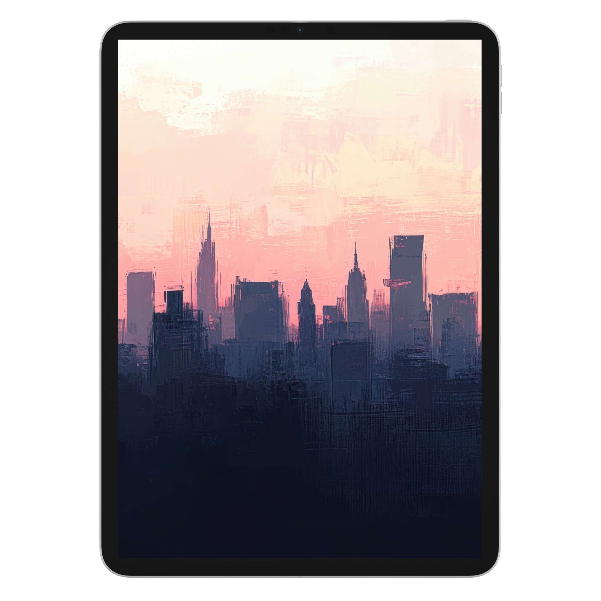 Elegant urban art iPad wallpaper with a serene pink and blue cityscape background, perfect digital download for sleek tablet aesthetics