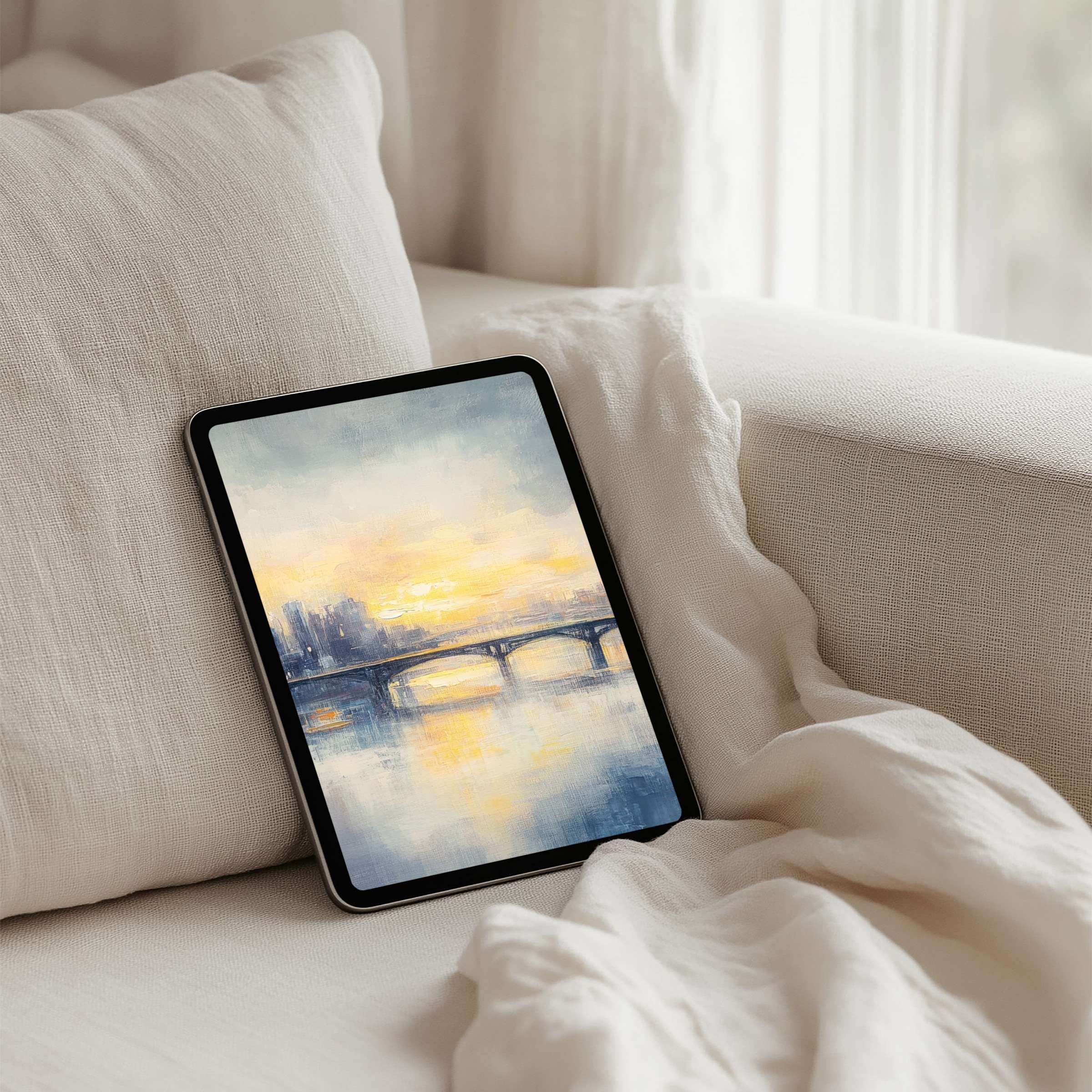 Elegant iPad background with serene bridge view in soft pastels for instant download on your tablet inspiring calm and mindfulness