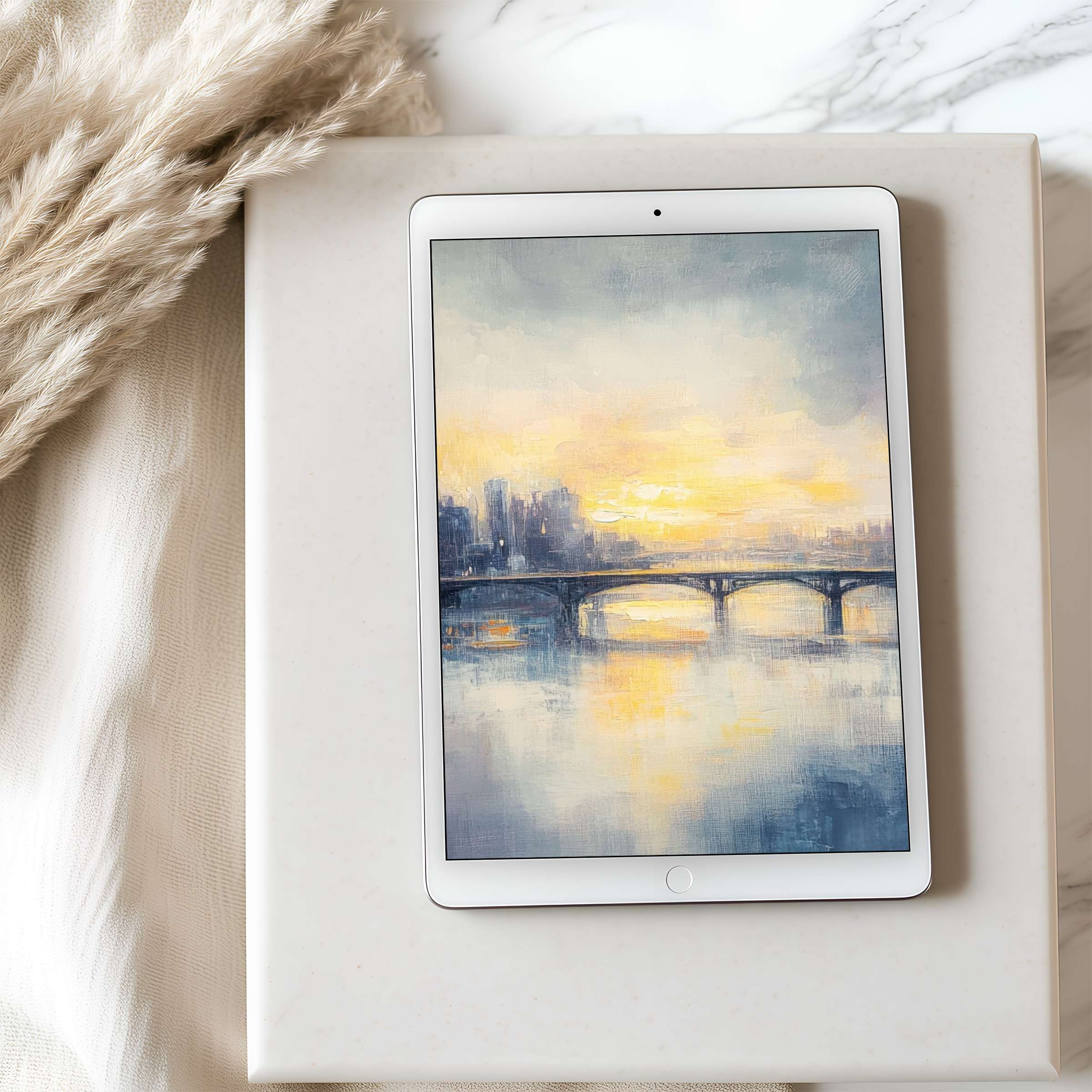 Elegant tablet wallpaper featuring a serene pastel skyline and bridge, ideal for iPad or Android, offers calm and high resolution