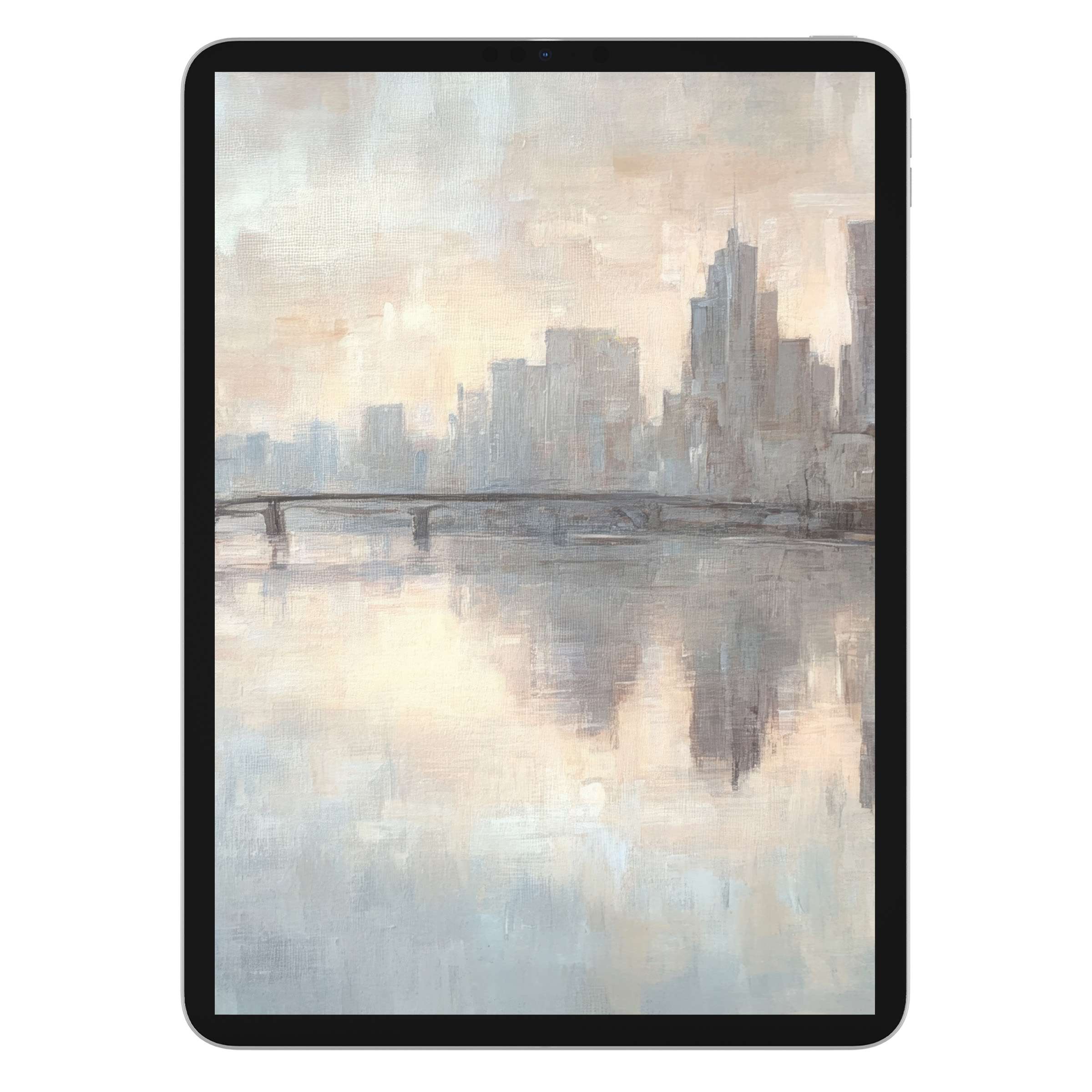 Urban art iPad wallpaper featuring serene pastel cityscape reflections, perfect digital download for elegant tablet background