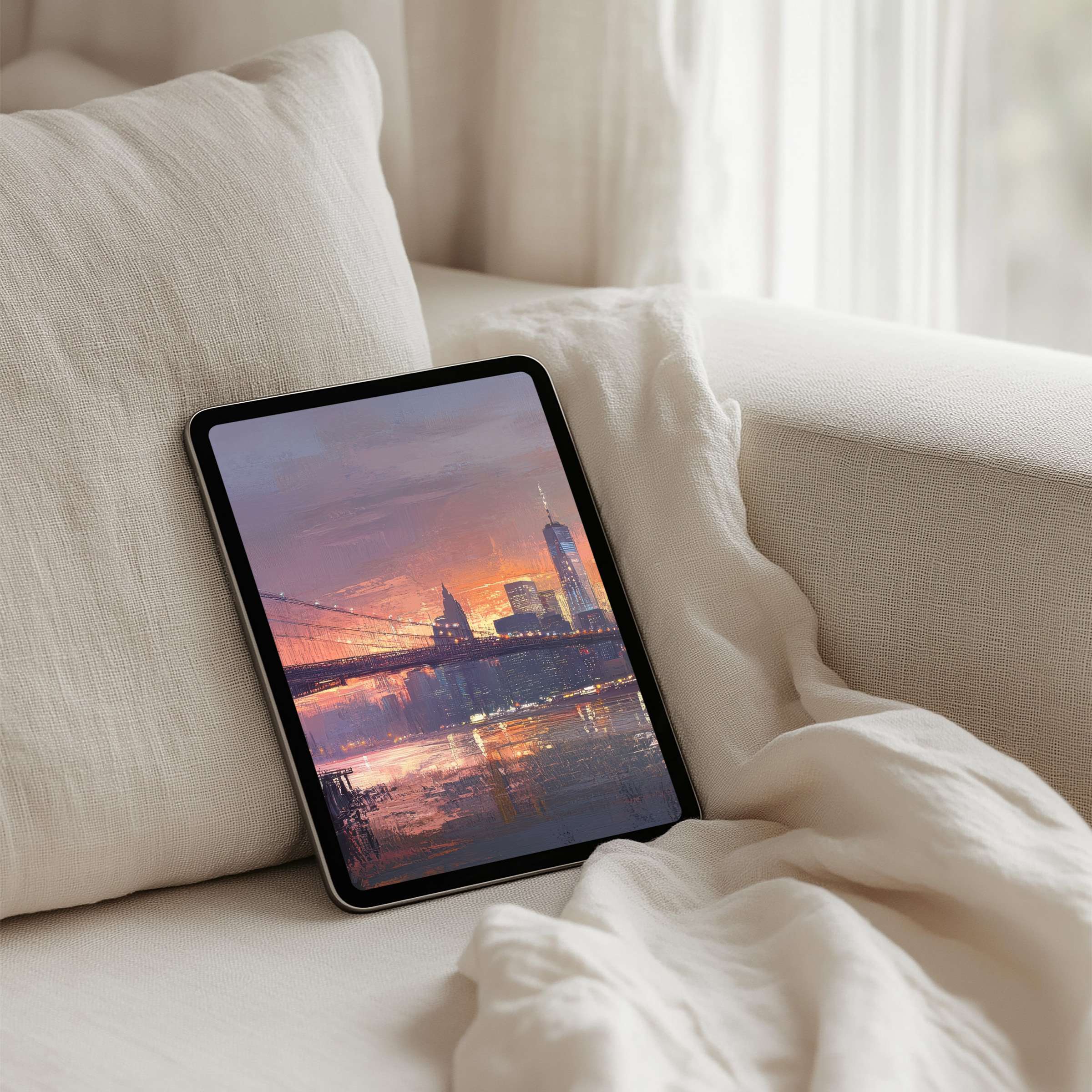 Elegant watercolor cityscape iPad background offers calm inspiration for your tablet space, available for instant download now