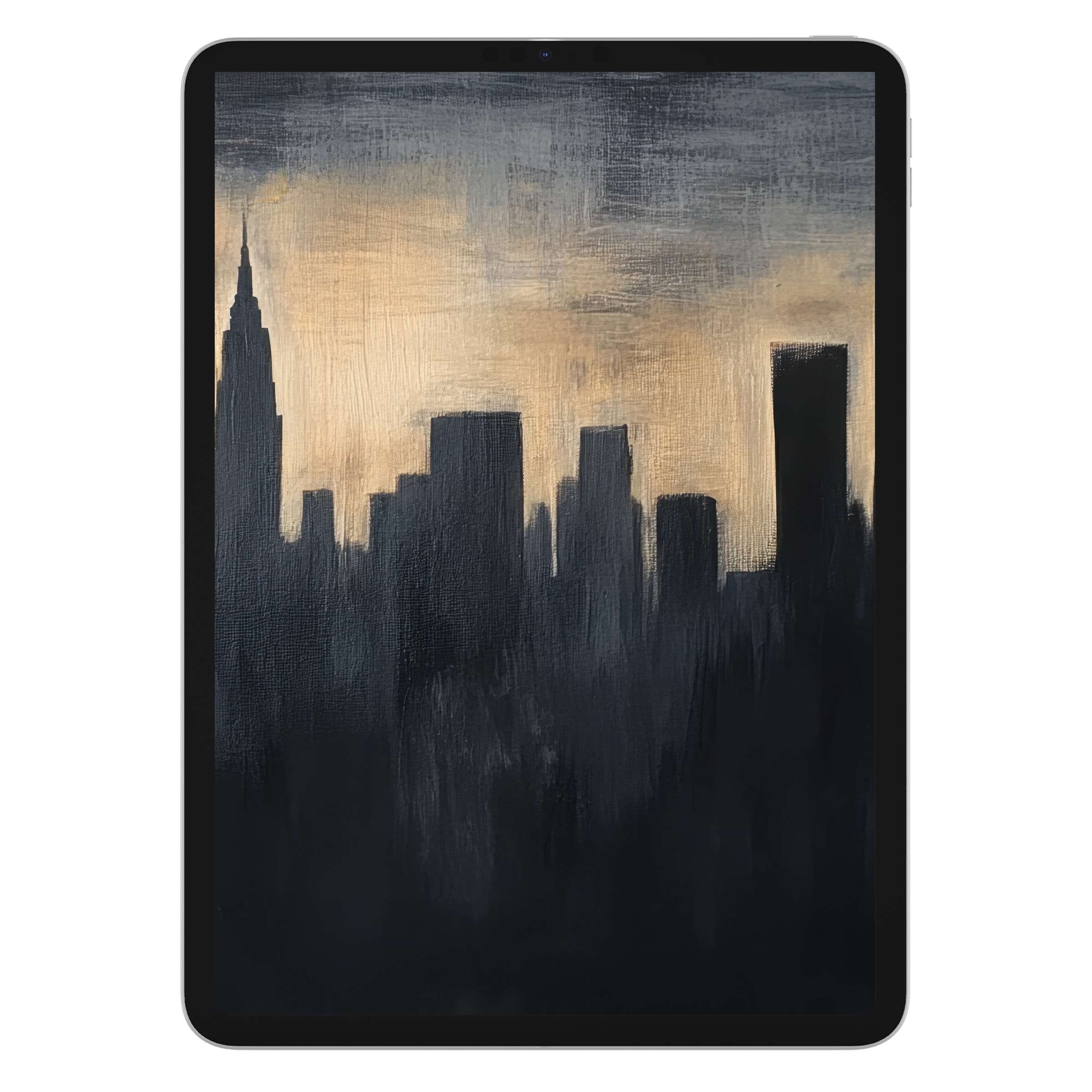 Urban art iPad wallpaper features a serene city skyline with a textured, muted palette, ideal as a digital download for tablet backgrounds