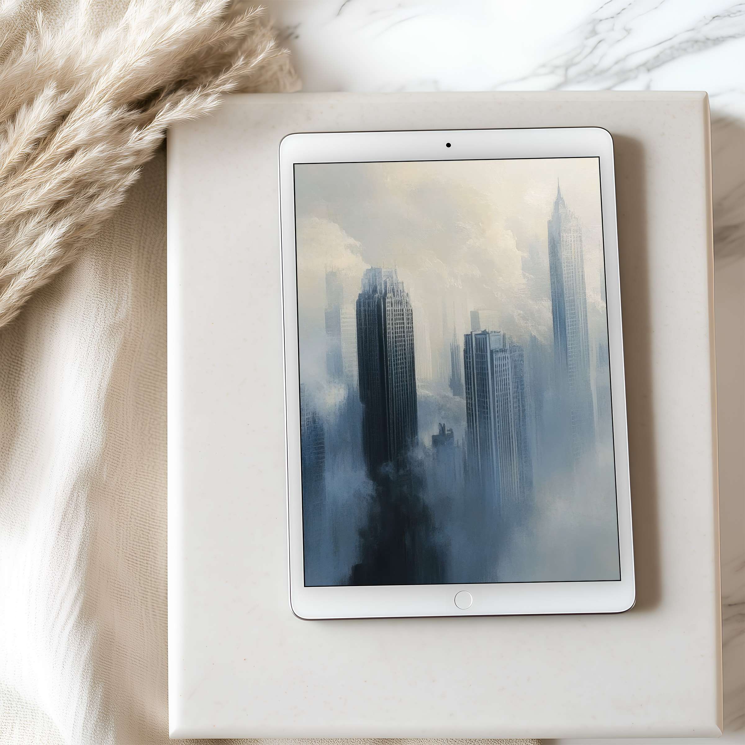 Elegant cityscape tablet wallpaper in soothing grays and blues, perfect for iPad and Android tablets, offering a calming digital download
