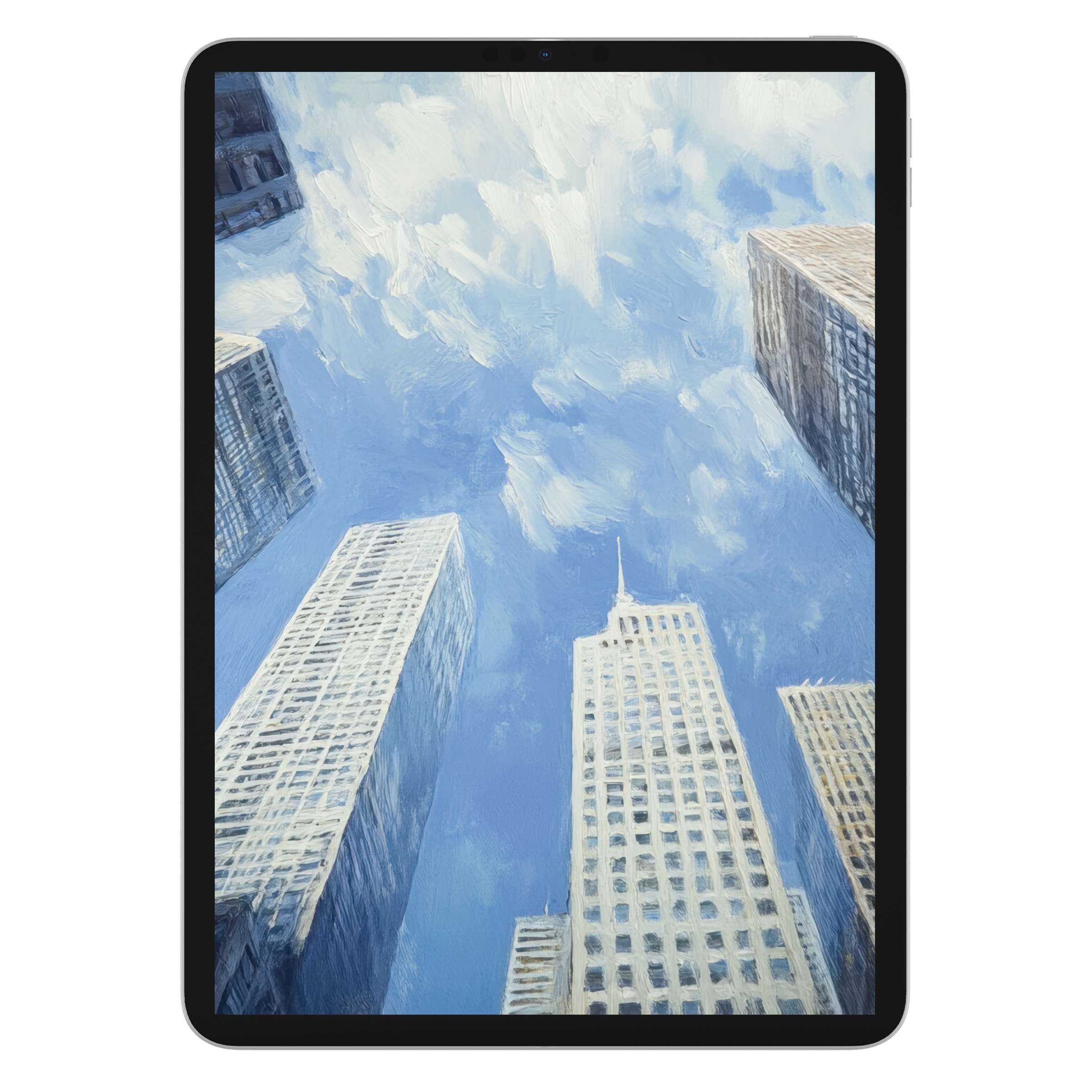 Urban art iPad wallpaper with serene blue sky and skyscrapers offers an elegant digital download for any tablet background