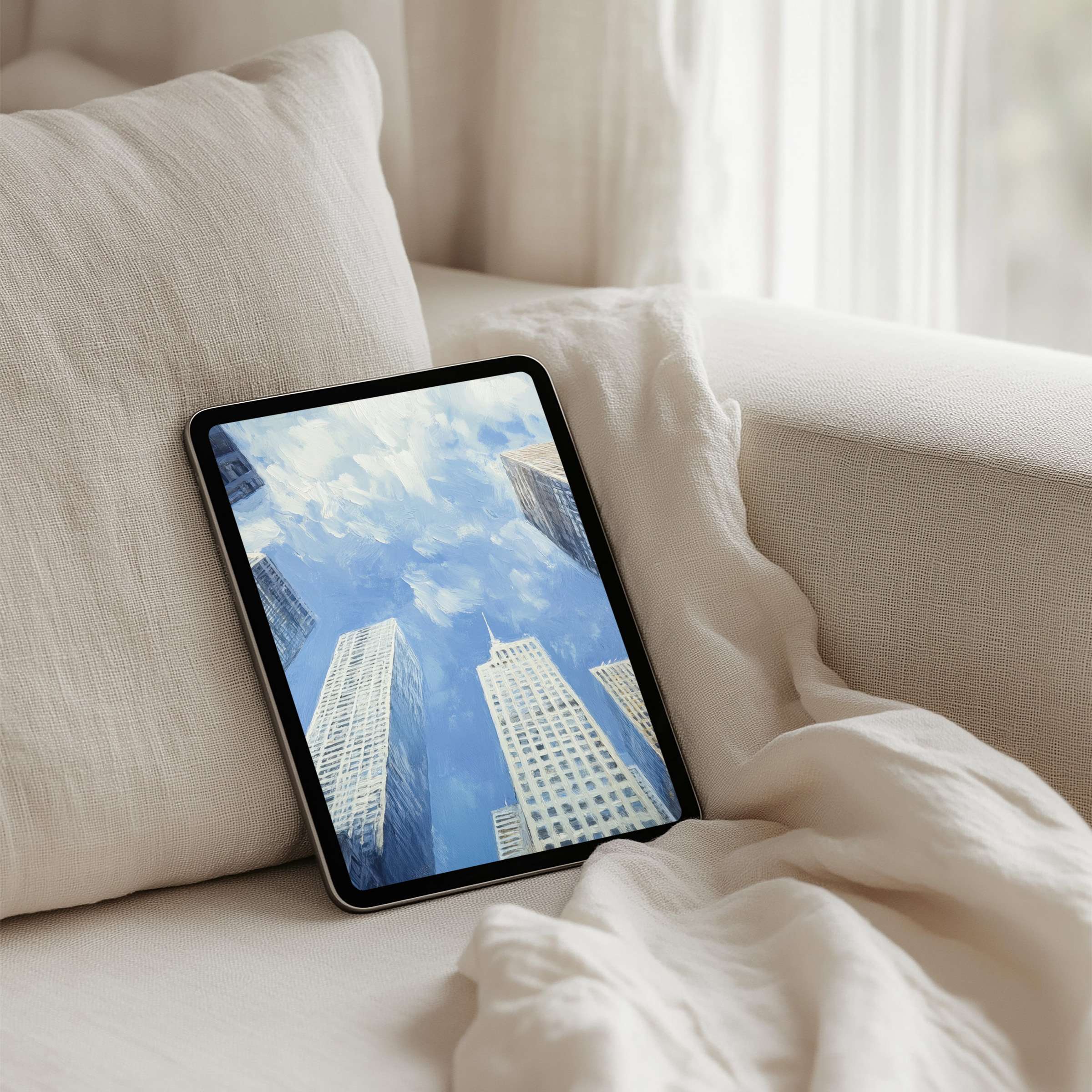 Elegant skyscraper art on a cozy iPad background brings calm and inspiration with instant download for any tablet