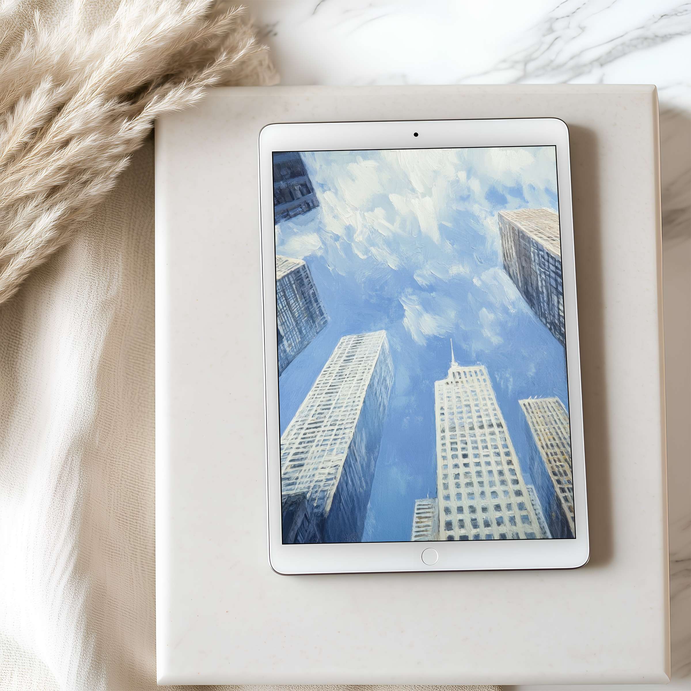 Elegant tablet wallpaper showcasing high-resolution cityscape art in soothing blues, perfect for iPad and Android digital downloads