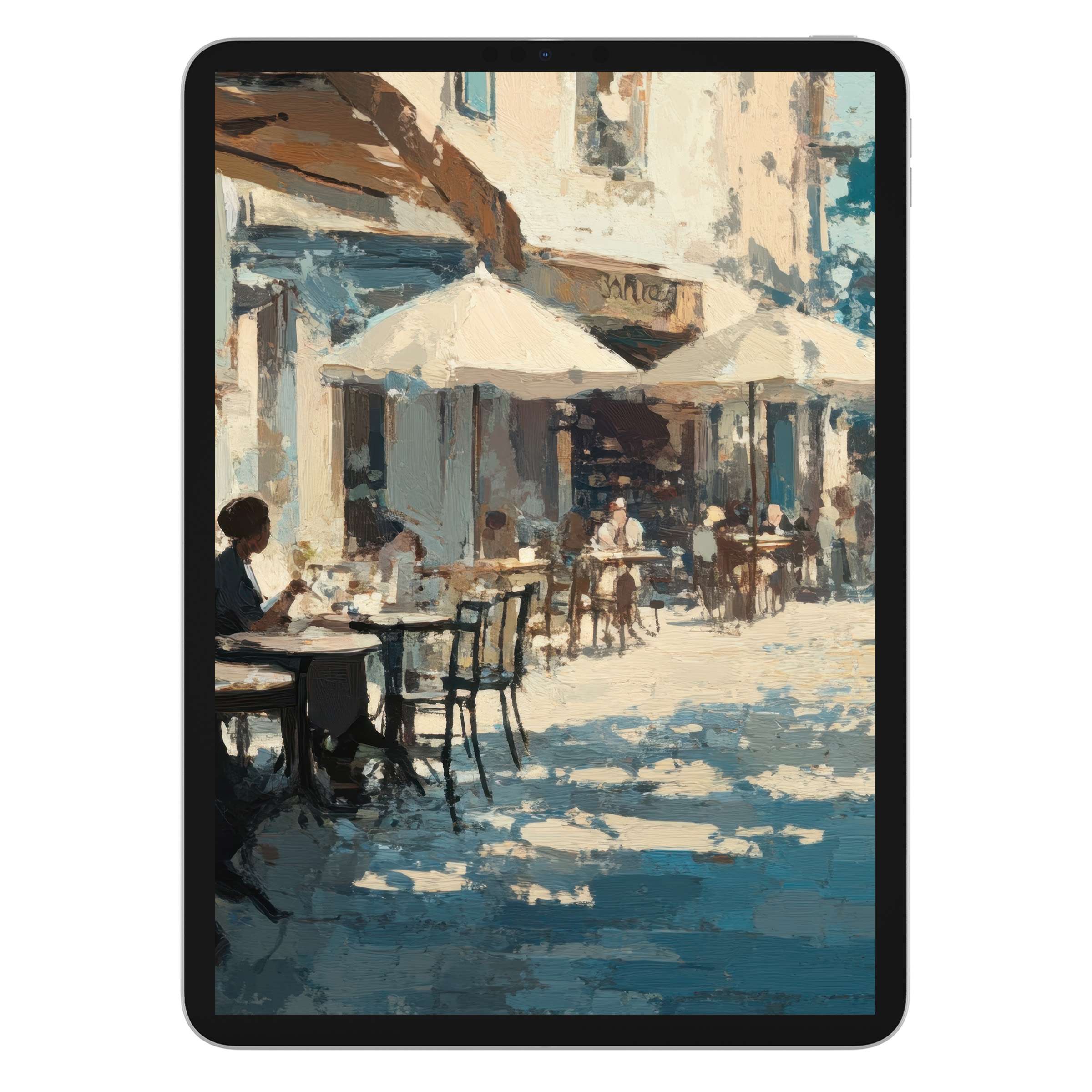 Elegant urban art iPad wallpaper features serene street café scene for tablet background digital download creating calm ambiance