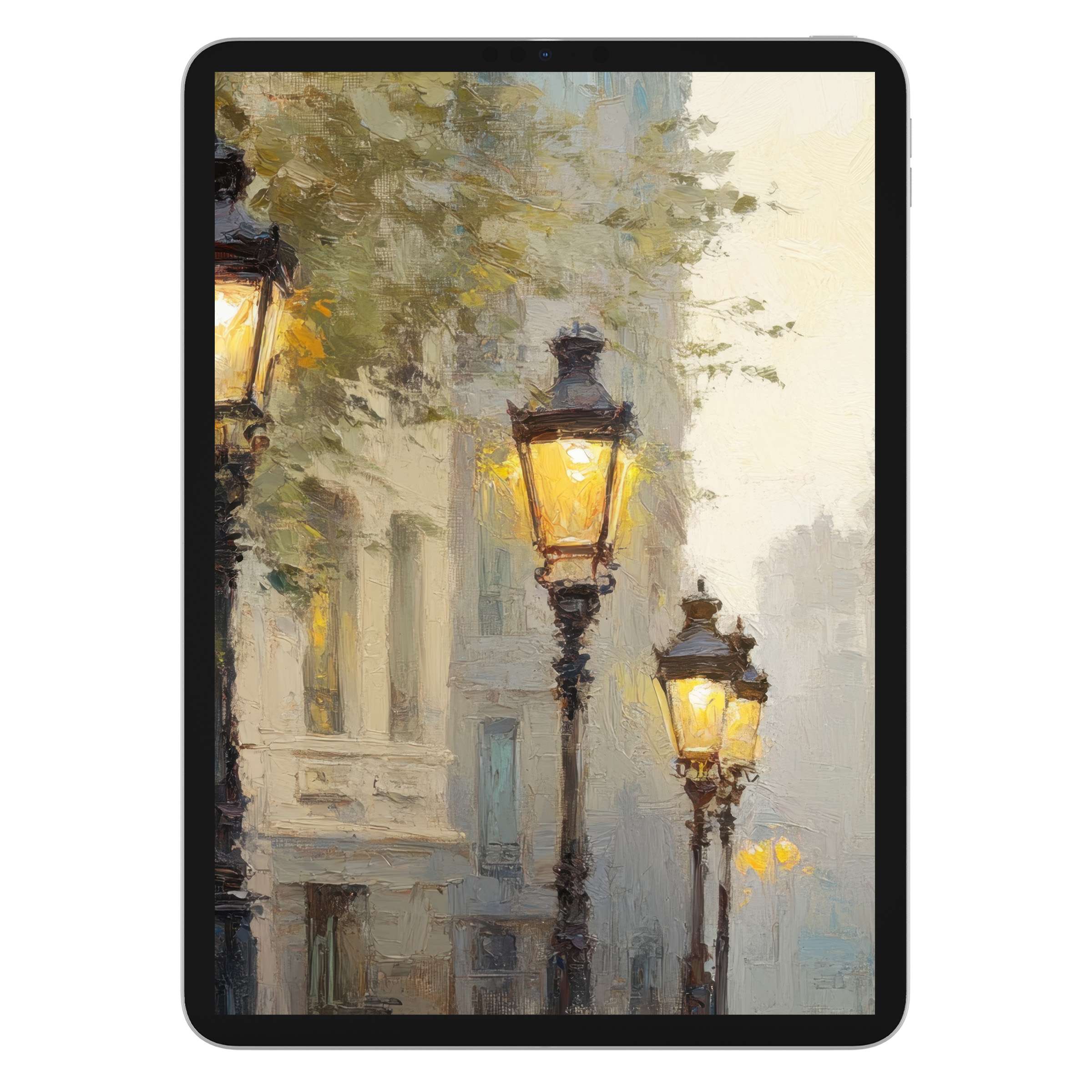 Elegant urban art iPad wallpaper features serene streetlamp scene, ideal background for digital download on any tablet device