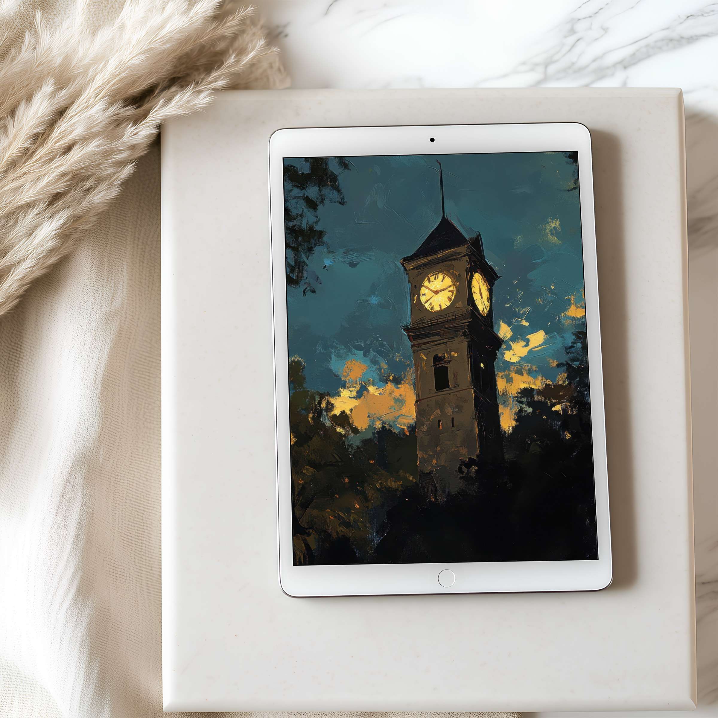 Elegant tablet wallpaper for iPad featuring a serene night clock tower painting with rich hues adds tranquility to your digital decor
