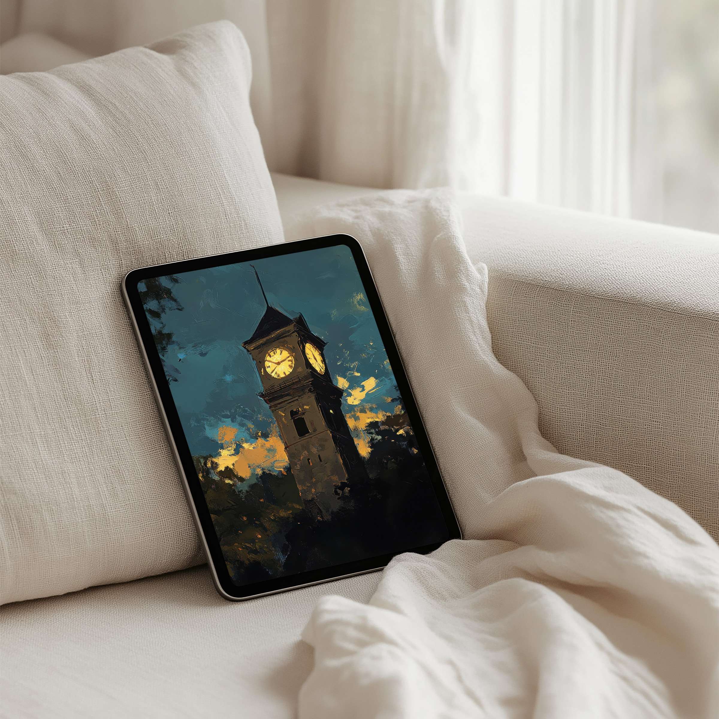 Elegant iPad background featuring a serene sunset clock tower, perfect for instant download on any tablet for mindful inspiration