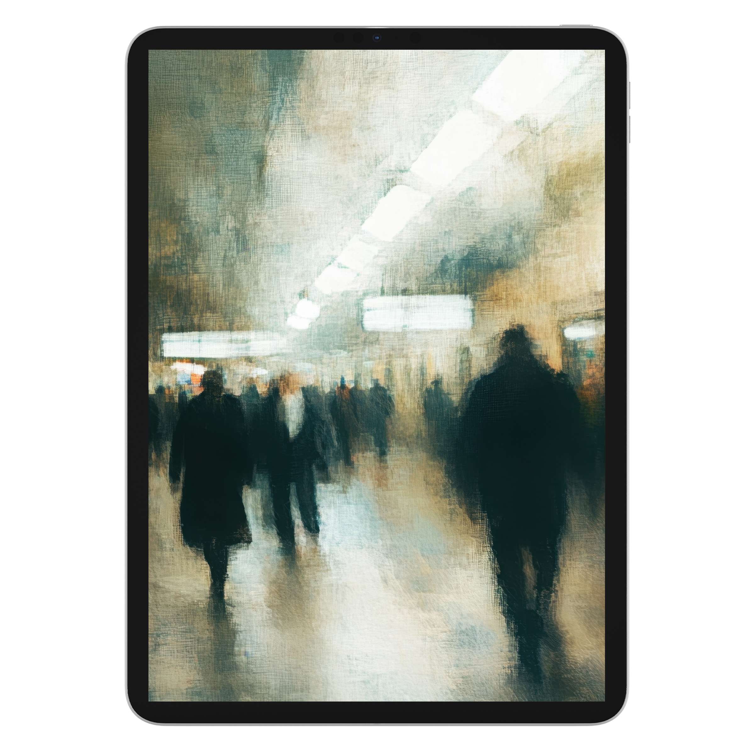 Urban art iPad wallpaper featuring serene, blurred figures in an artistic style, perfect digital download background for any tablet