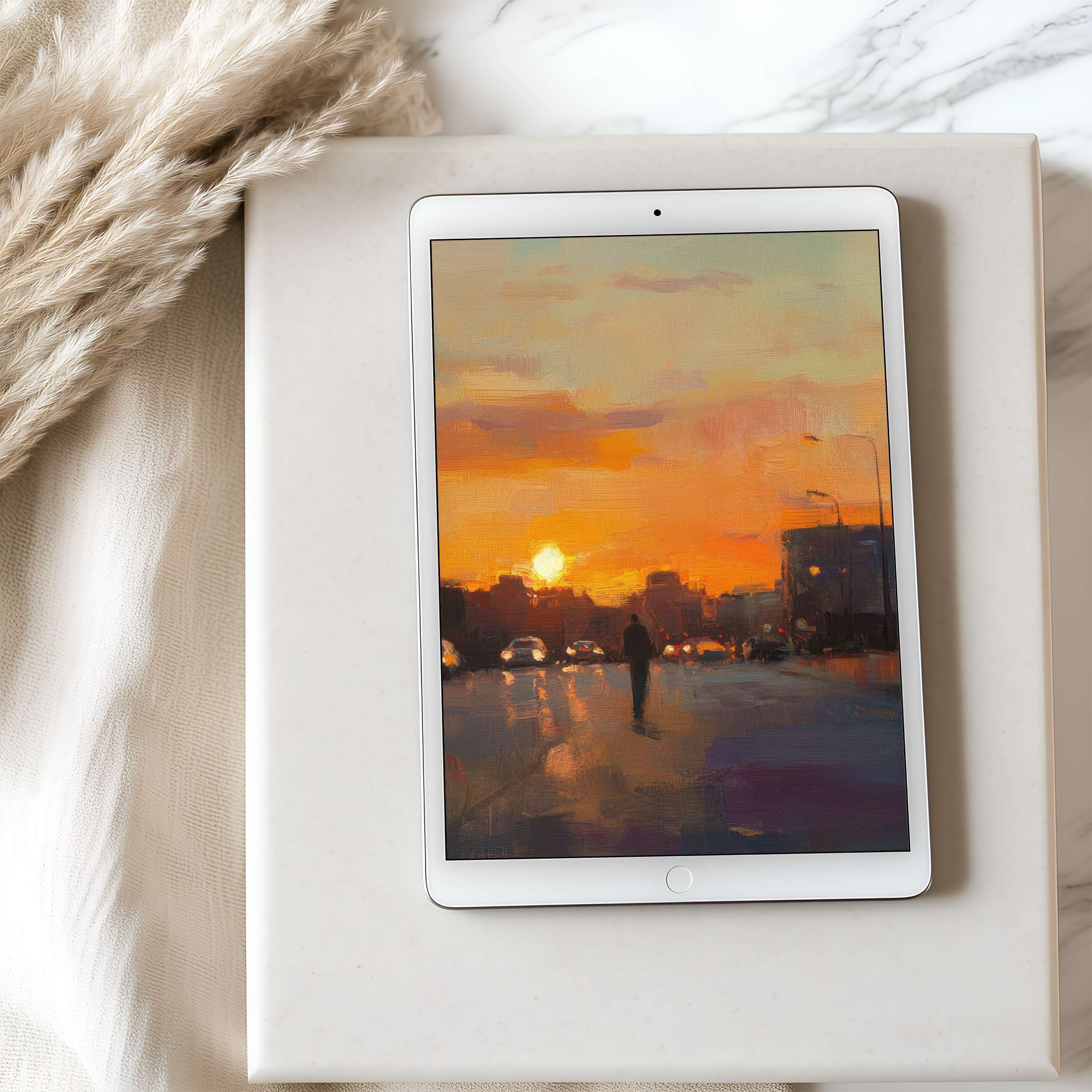 Elegant sunset tablet wallpaper in high resolution, capturing warm hues and urban silhouettes, perfect for calming iPad or Android display