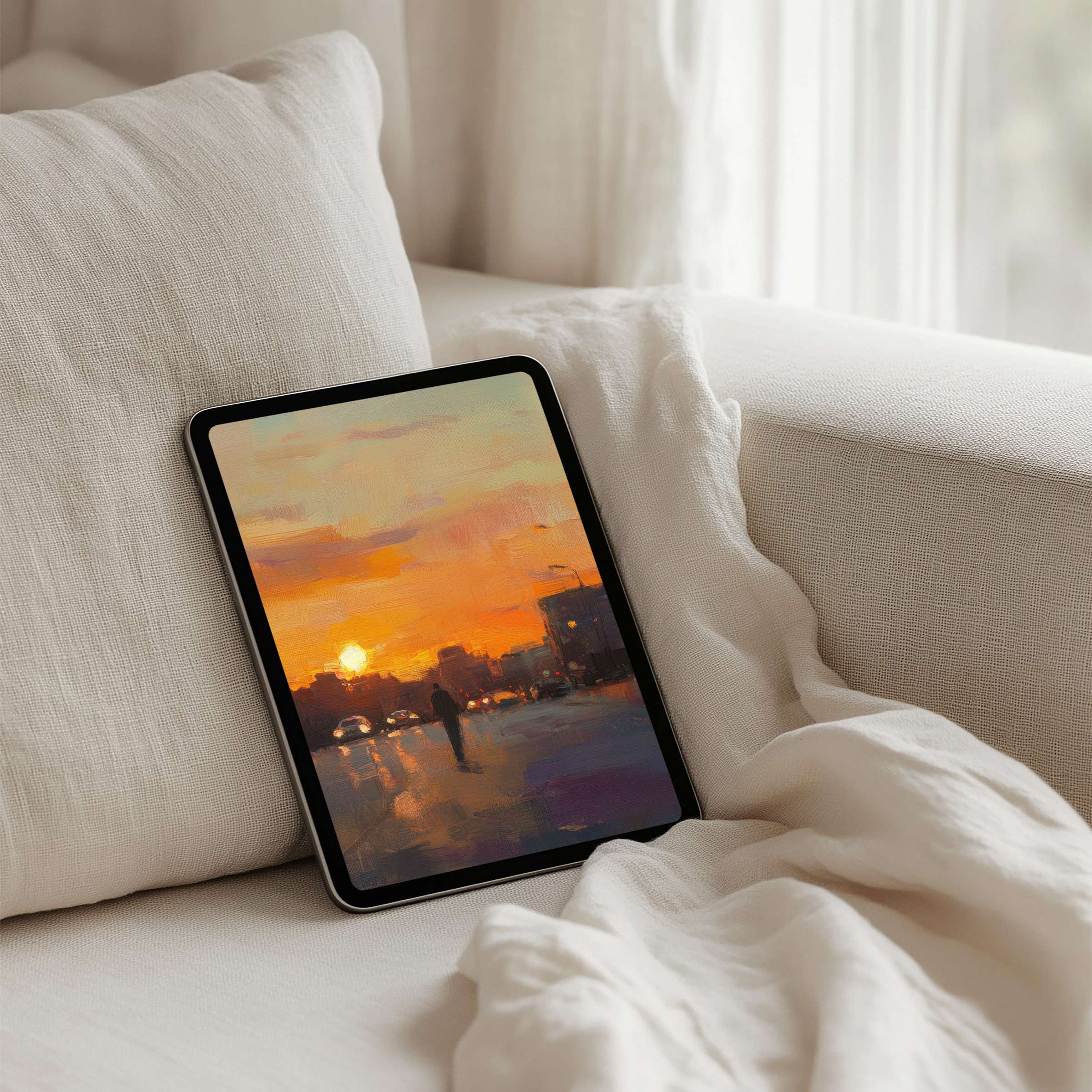 Elegant sunset painting on iPad background offers instant download for tablets, inspiring calm and mindfulness in your space