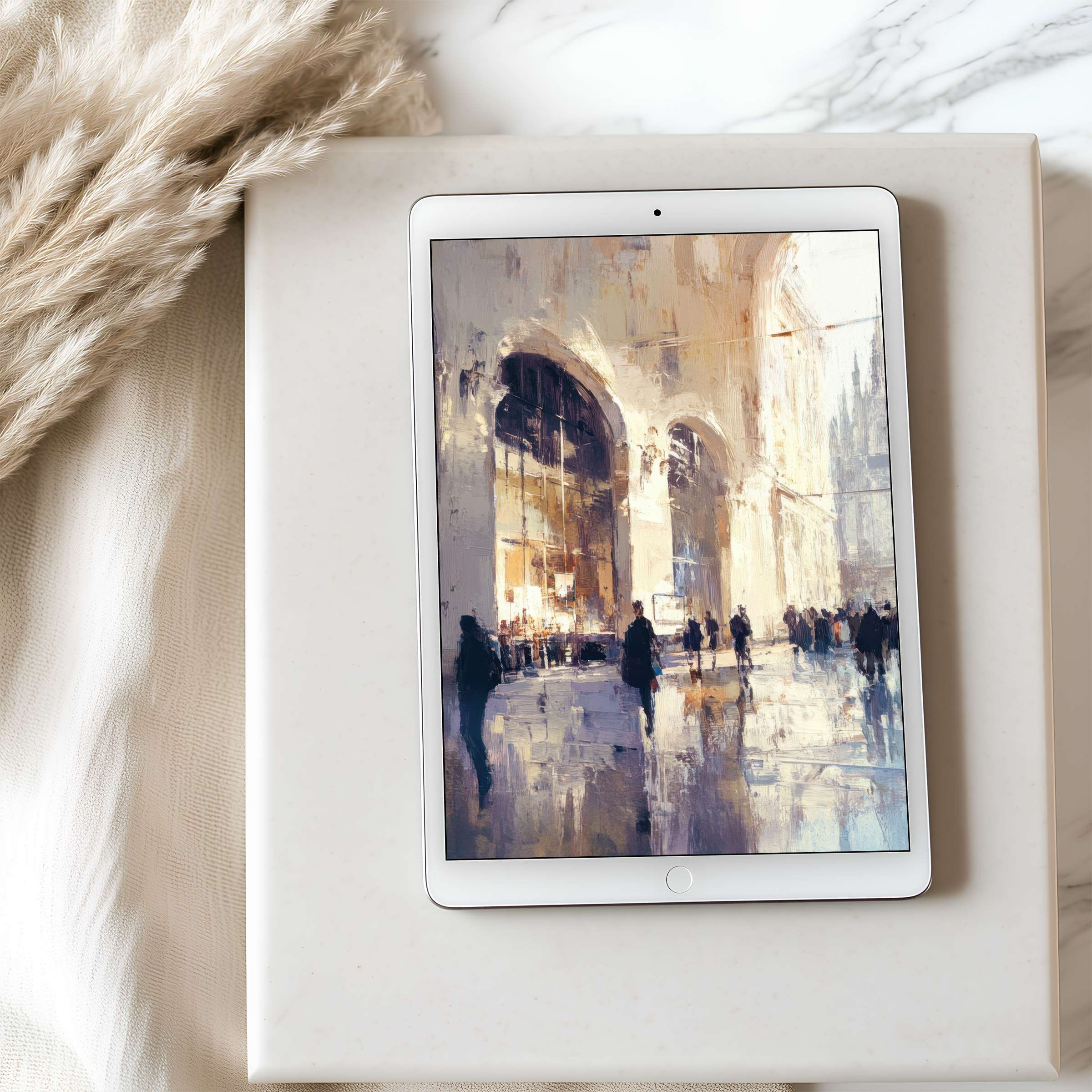 Elegant tablet wallpaper depicting a serene cityscape in soft hues, perfect as a high-resolution download for iPad or Android tablets