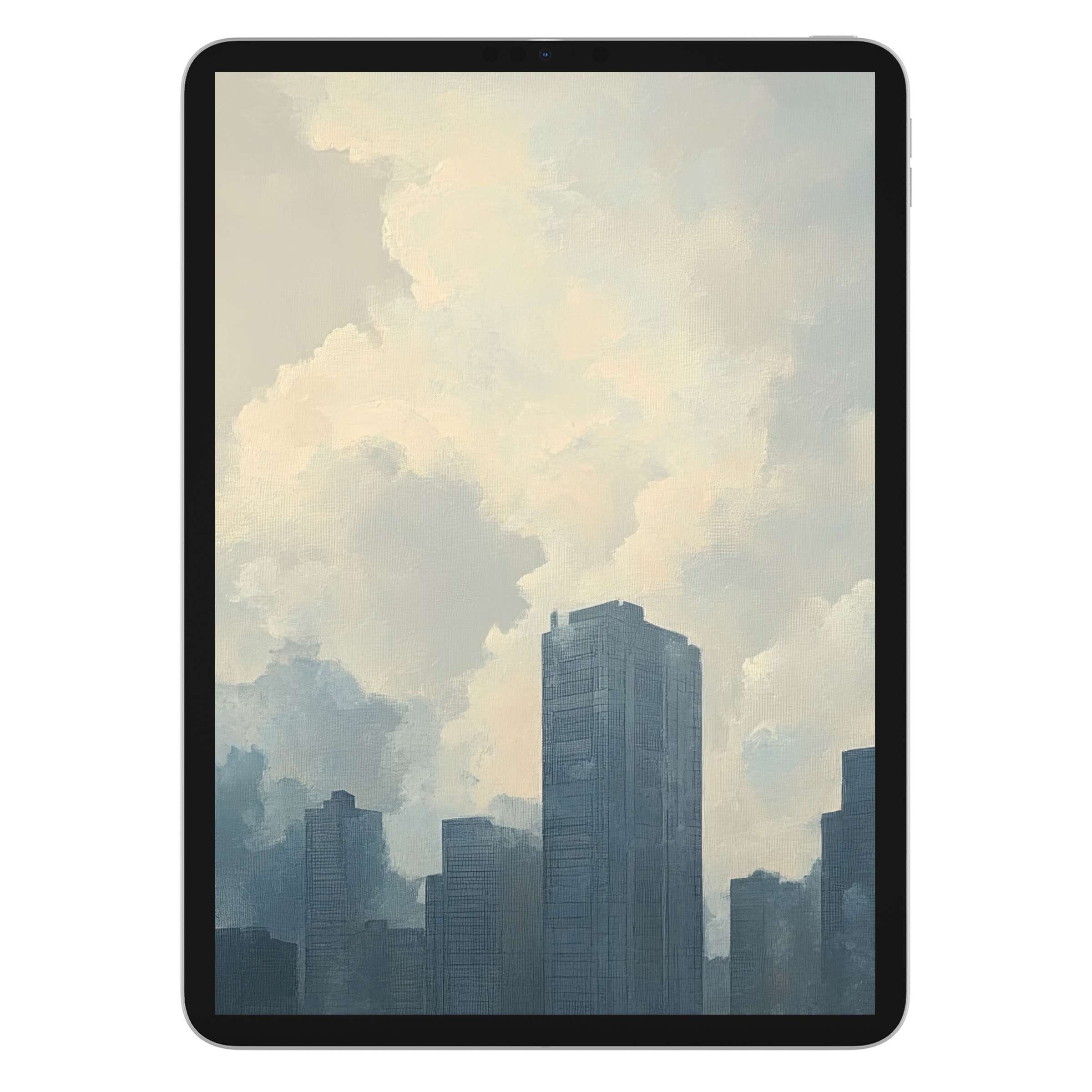 Elegant urban art iPad wallpaper with soft clouds and skyscrapers, perfect as a calming digital download background for any tablet