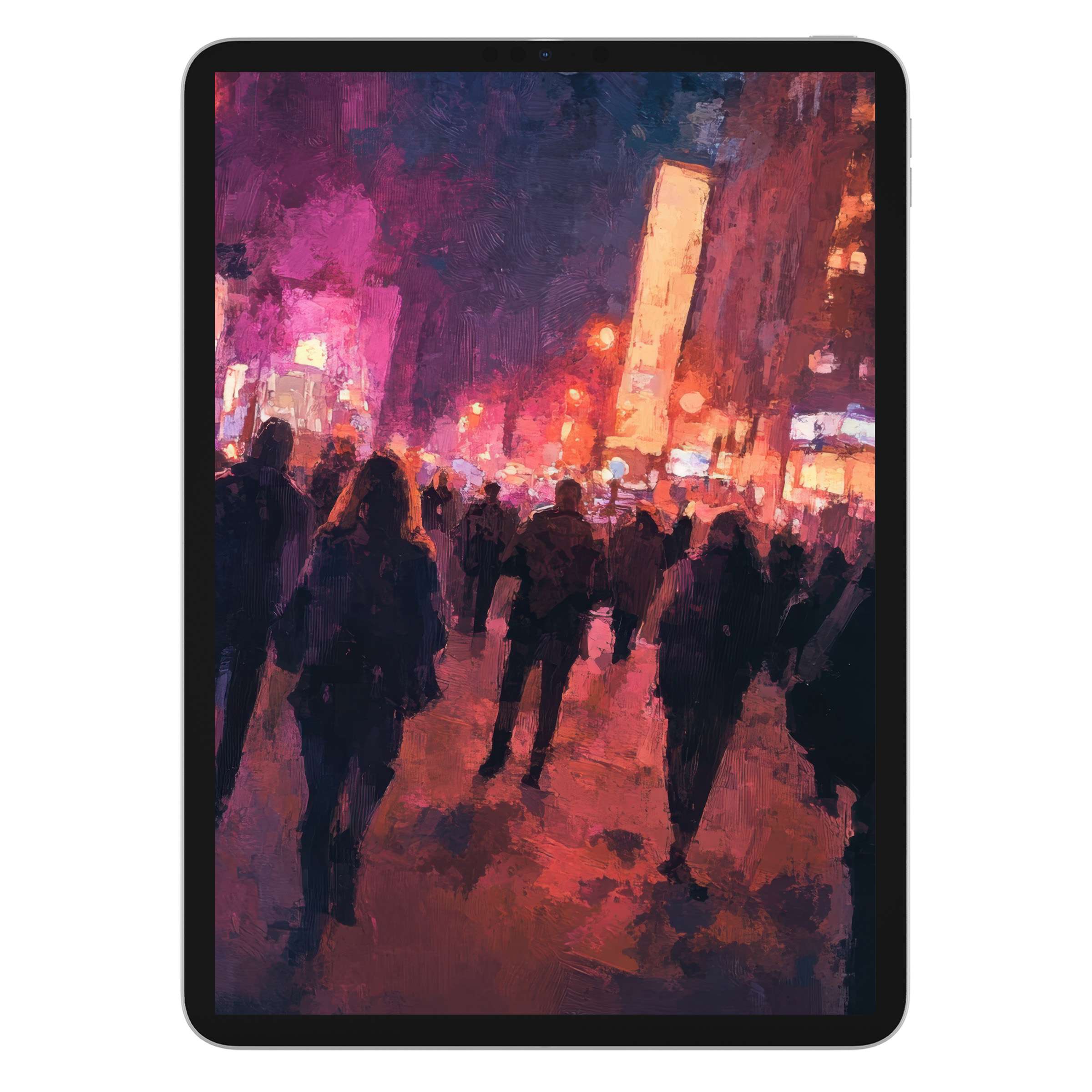 Urban art iPad wallpaper showcasing vibrant night cityscape with deep hues, perfect digital download for tablet background elegance