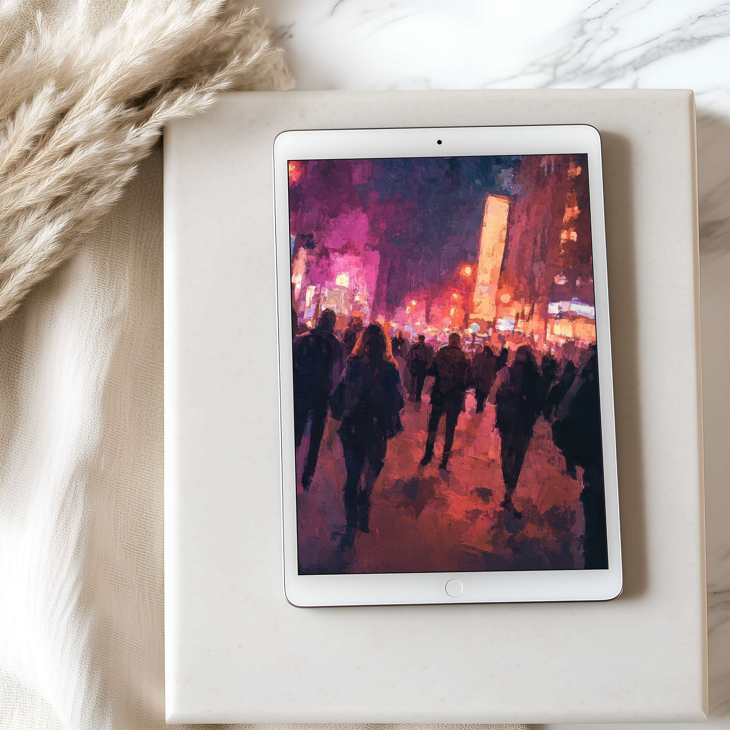 Elegant tablet wallpaper featuring vibrant city silhouettes in warm hues on an iPad, ideal for high resolution digital downloads