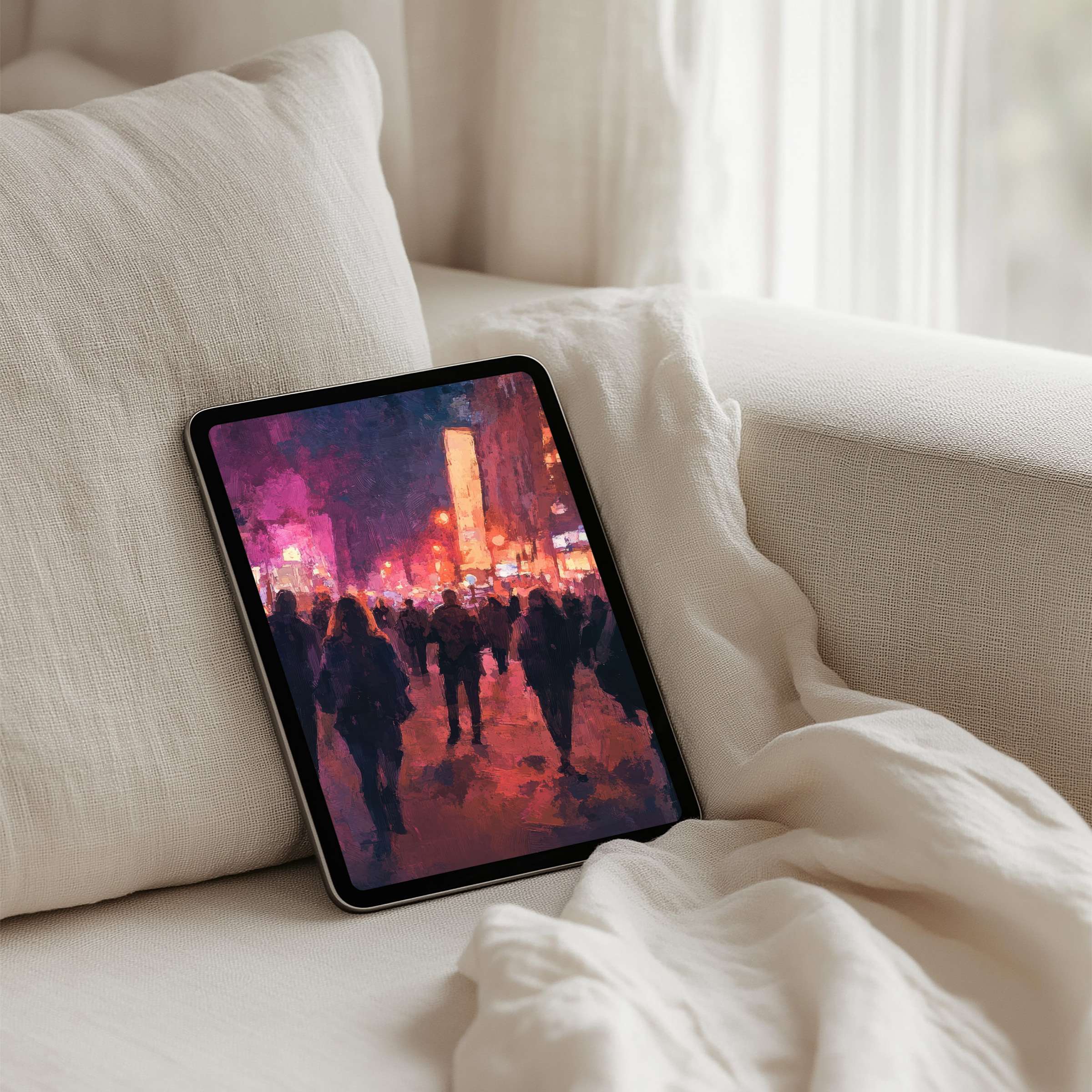 Elegant digital art iPad background with a serene cityscape in warm hues for tablet users seeking instant download inspiration