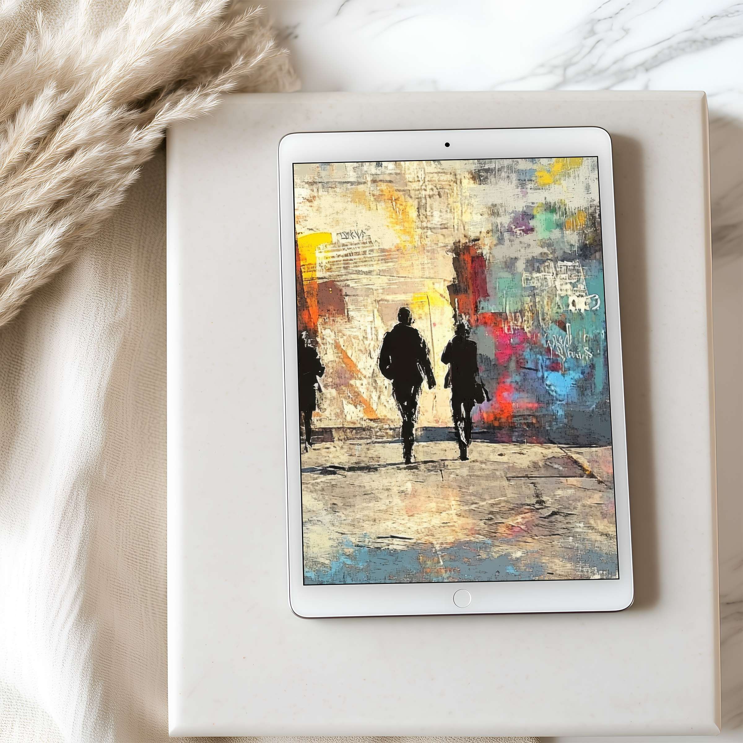 Elegant tablet wallpaper featuring abstract silhouettes and vibrant colors, perfect for high-resolution iPad and Android digital download