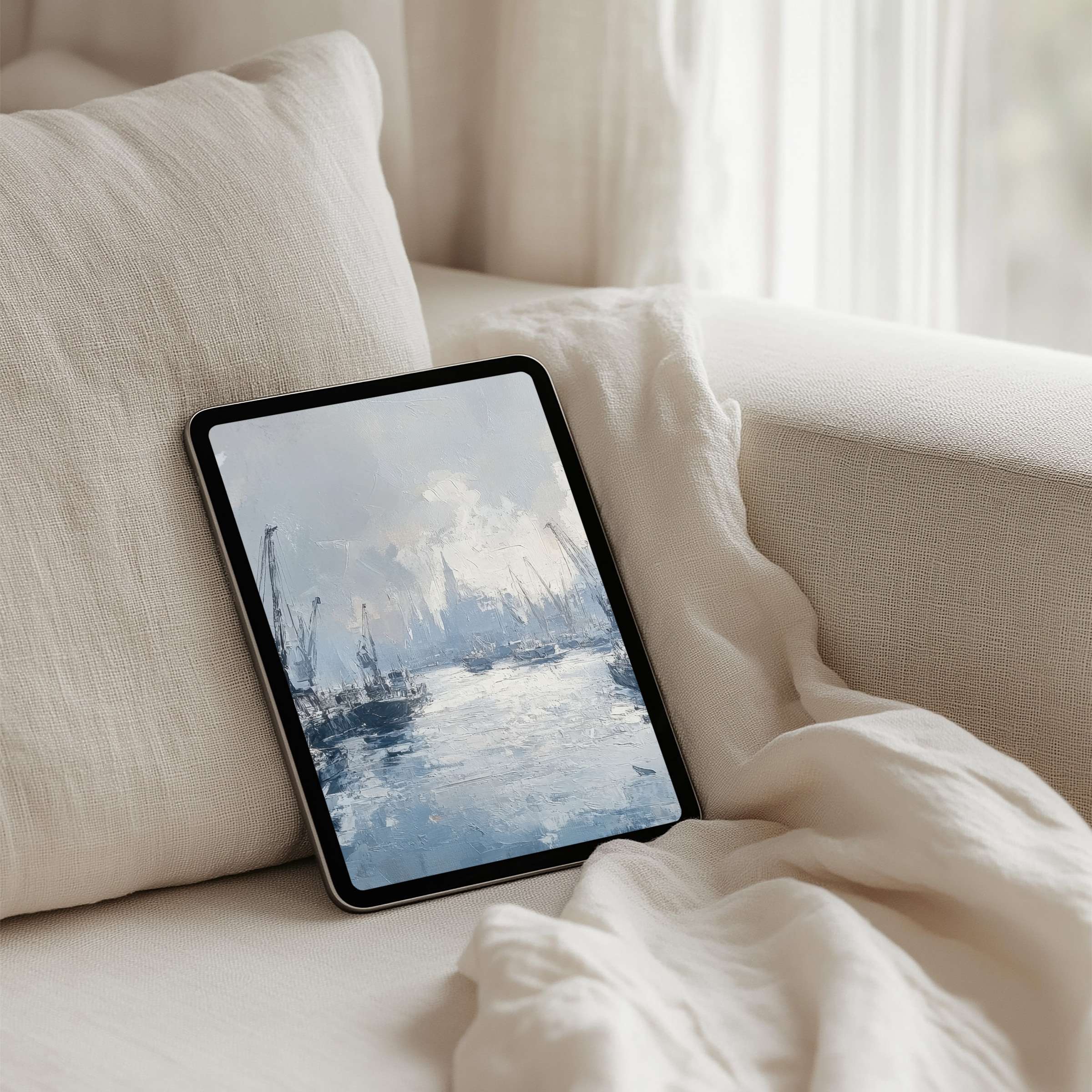 Serene blue seascape iPad background on tablet evokes calm and elegance perfect for instant download to inspire mindfulness
