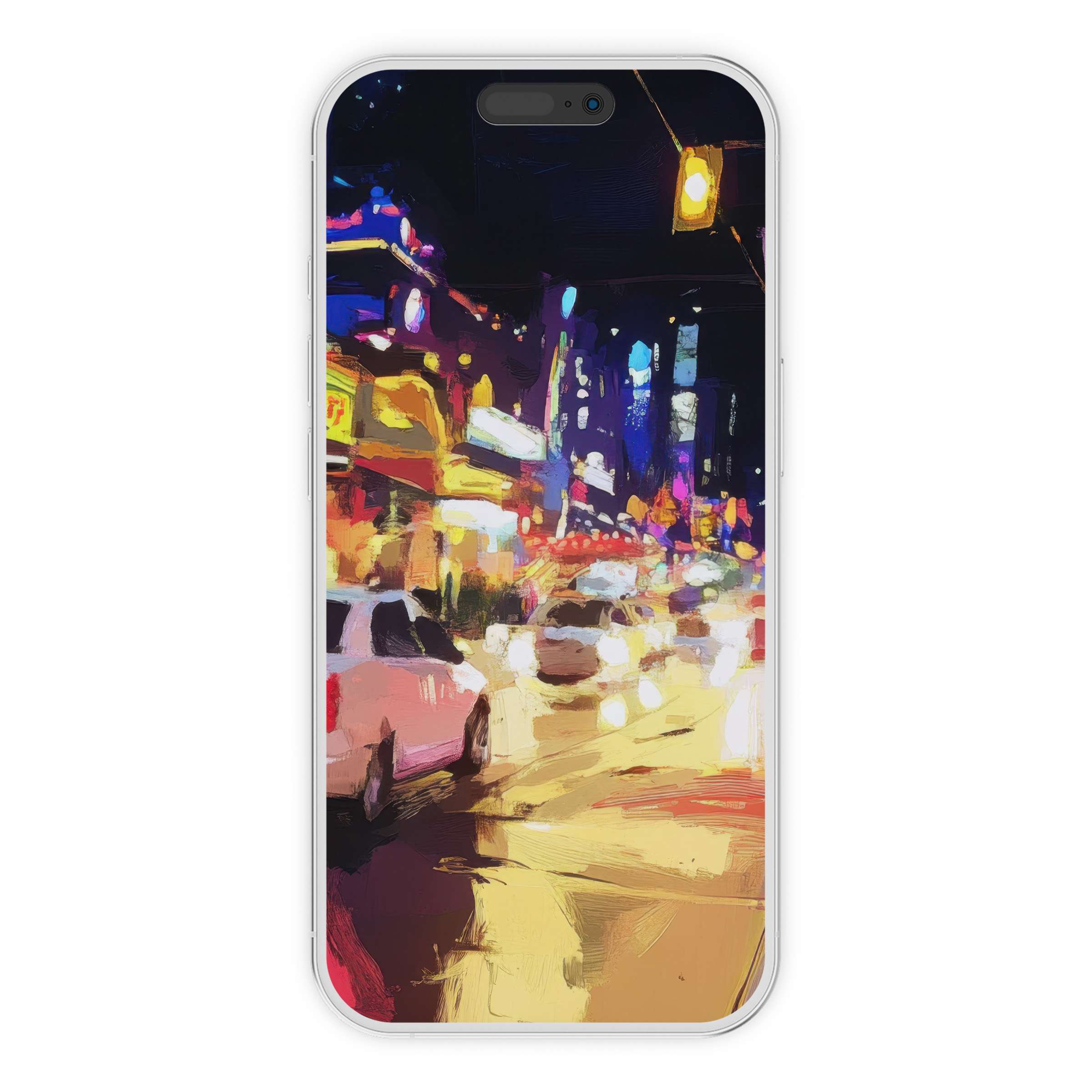 Urban art iPhone wallpaper features vibrant city lights with painterly textures, a perfect digital download for phone backgrounds