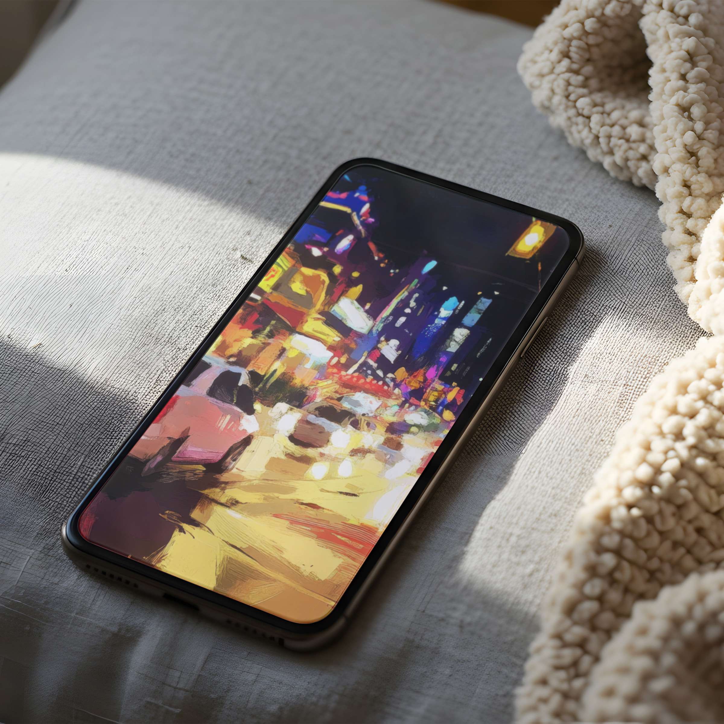 Vibrant cityscape phone wallpaper on an iPhone in soft light evokes tranquility, offering high resolution, sustainable digital download