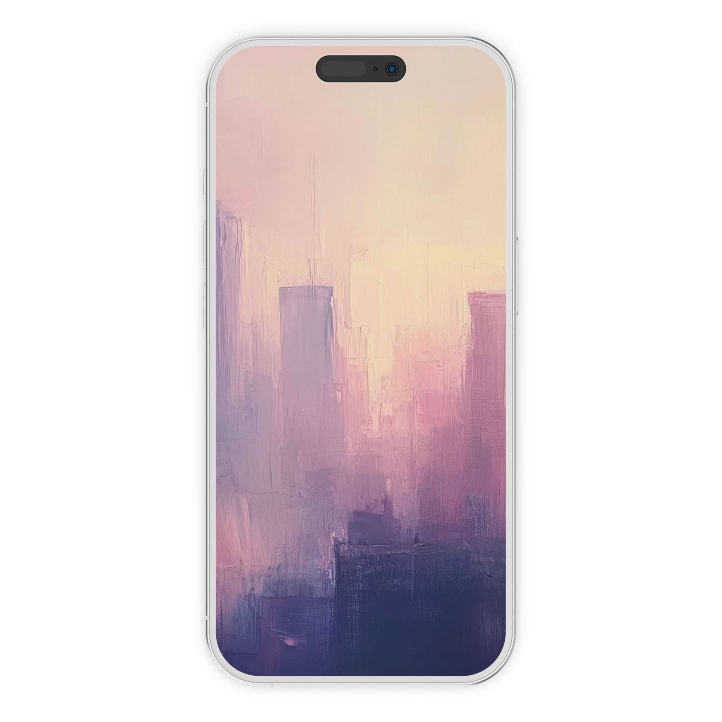 Urban art iPhone wallpaper featuring a serene pastel cityscape, ideal for phone background, digital download in abstract style