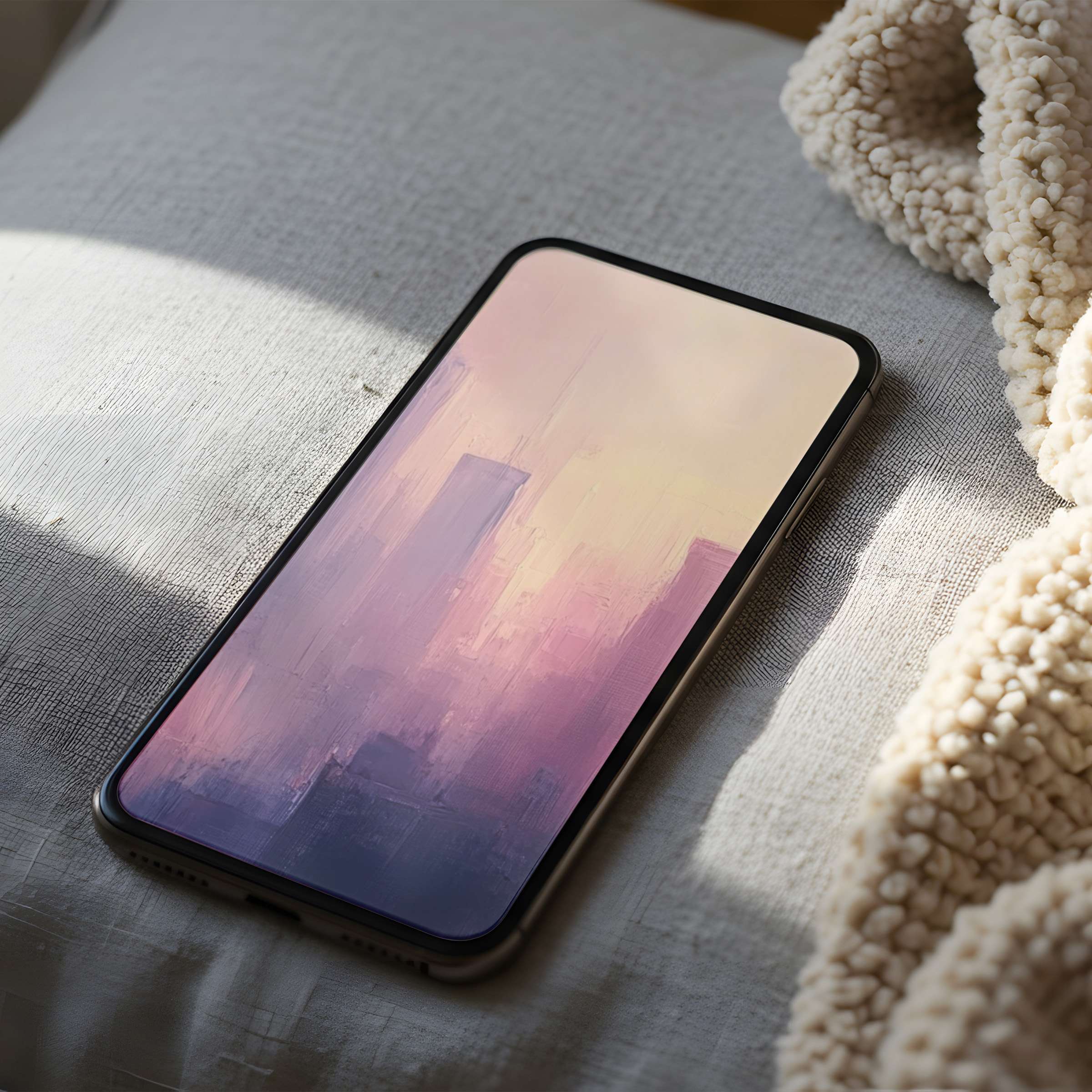 Elegant phone wallpaper featuring a serene pastel cityscape, perfect for iPhone and Android, offering a calm, high-resolution digital download