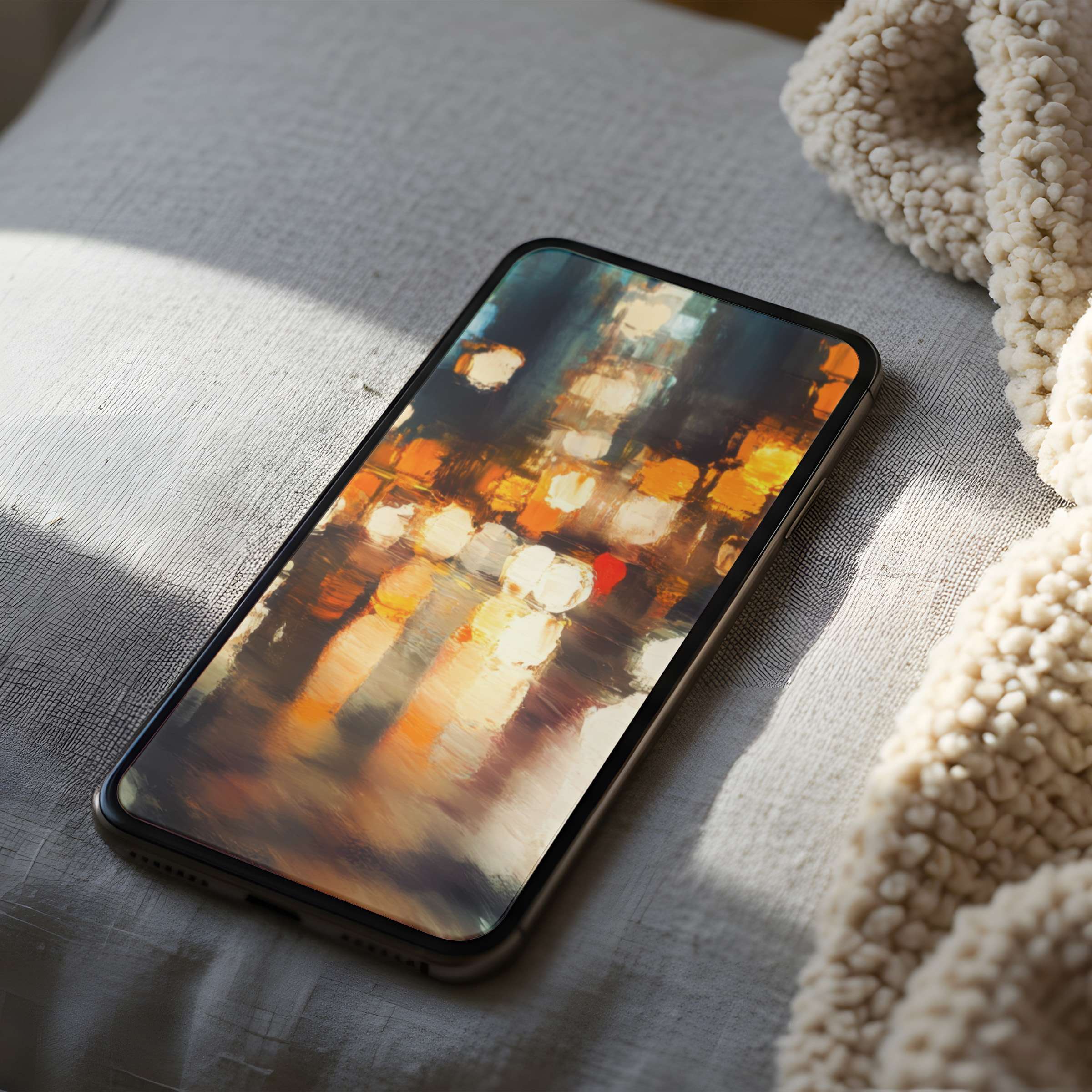 Elegant phone wallpaper featuring abstract city lights in warm tones, perfect for iPhone and Android, offering serenity and style