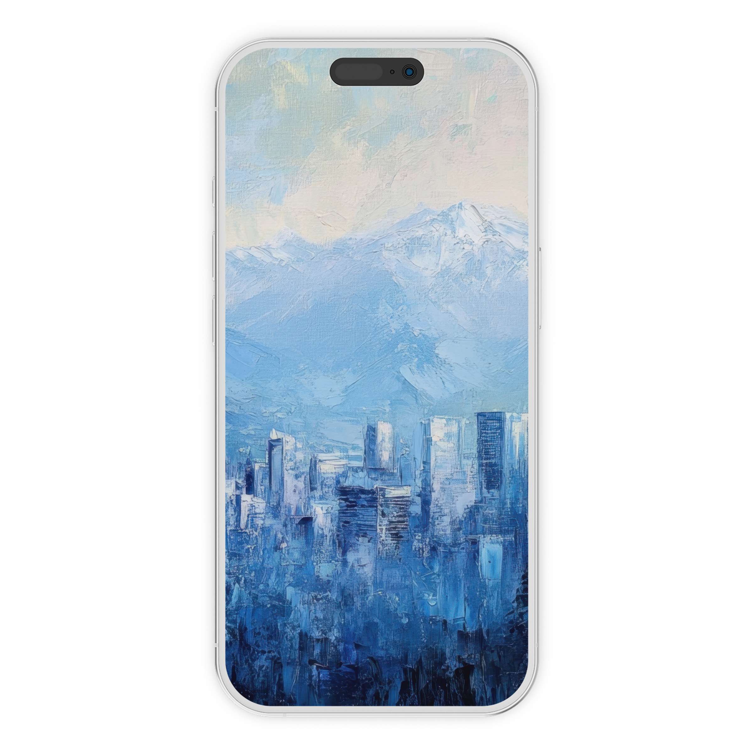 Calming blue urban art iPhone wallpaper features a textured cityscape with mountains, perfect phone background digital download