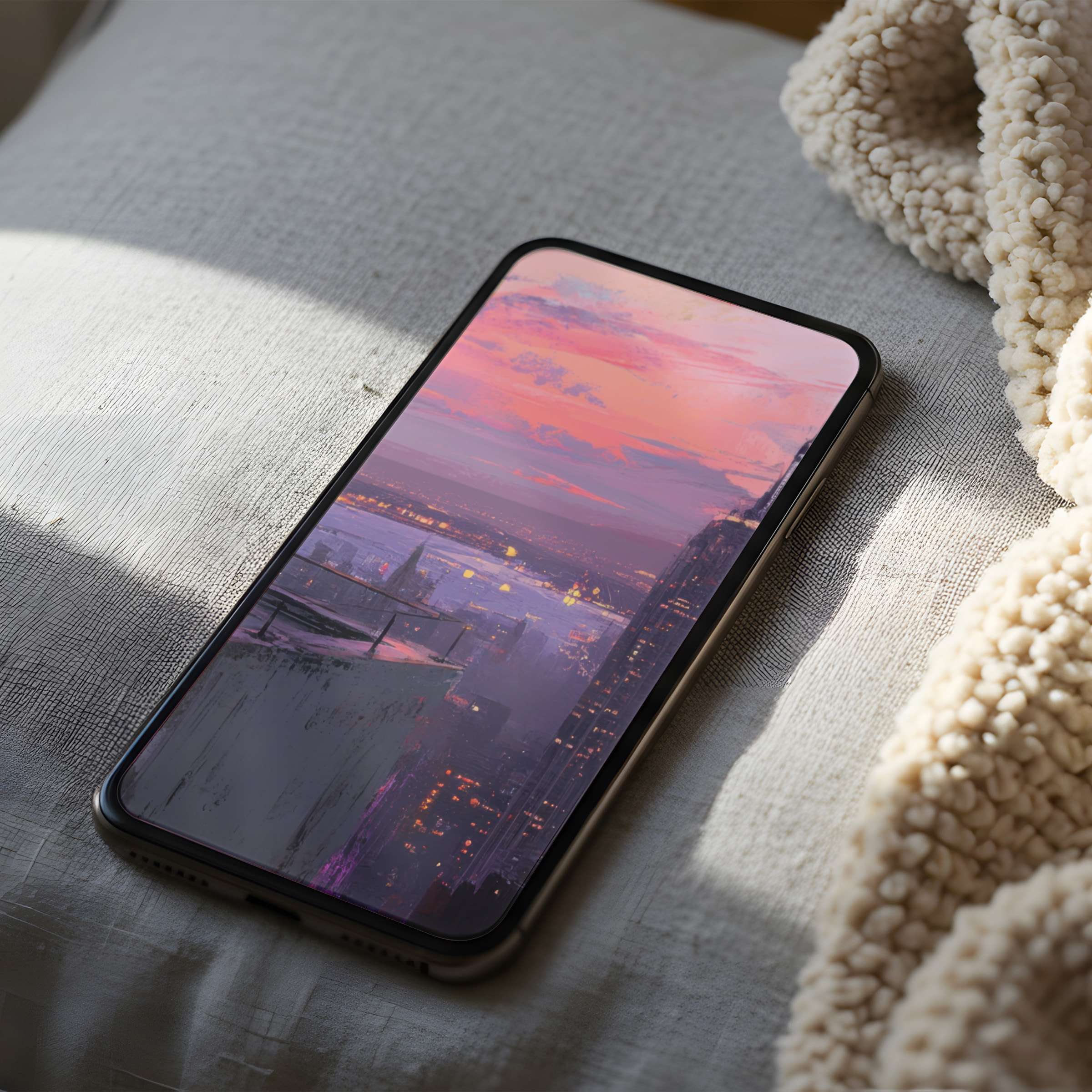 Urban sunset phone wallpaper on iPhone offers a calming escape with curated high resolution art, ideal for digital download