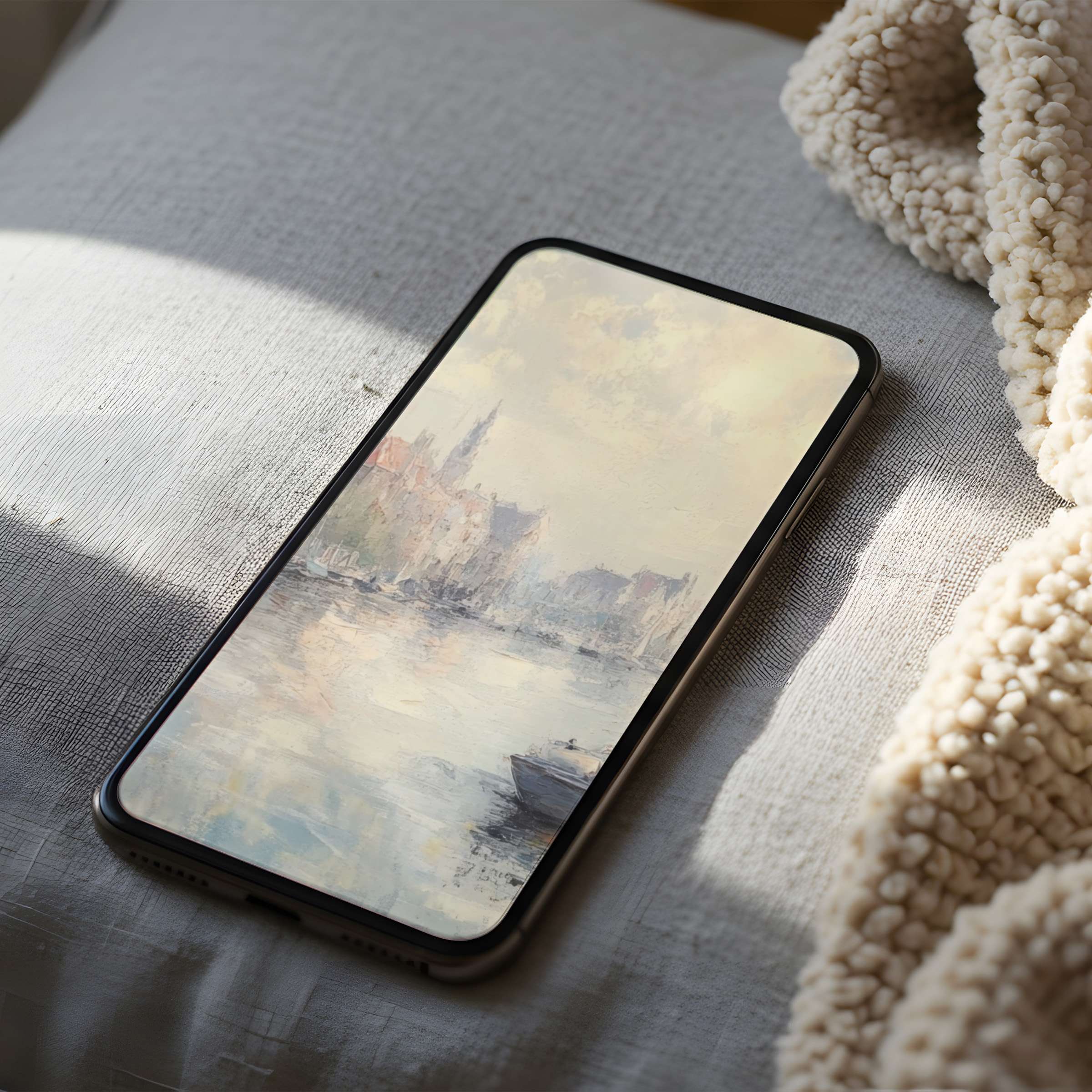 Elegant phone wallpaper featuring tranquil pastel landscape painting in high resolution on cozy fabric, ideal for iPhone and android