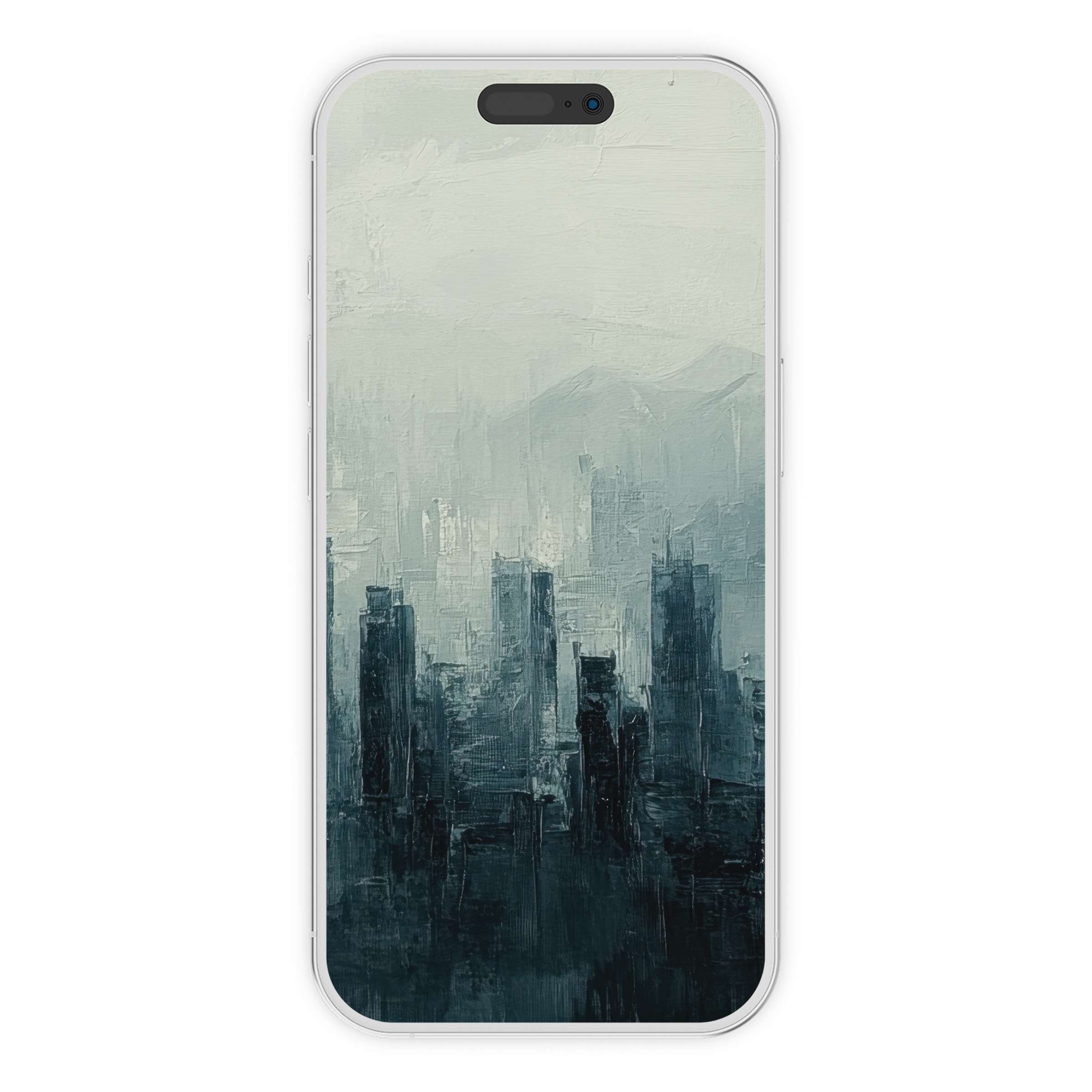 Misty cityscape urban art iPhone wallpaper with soothing grays and blues for a calming phone background digital download suitable for all devices