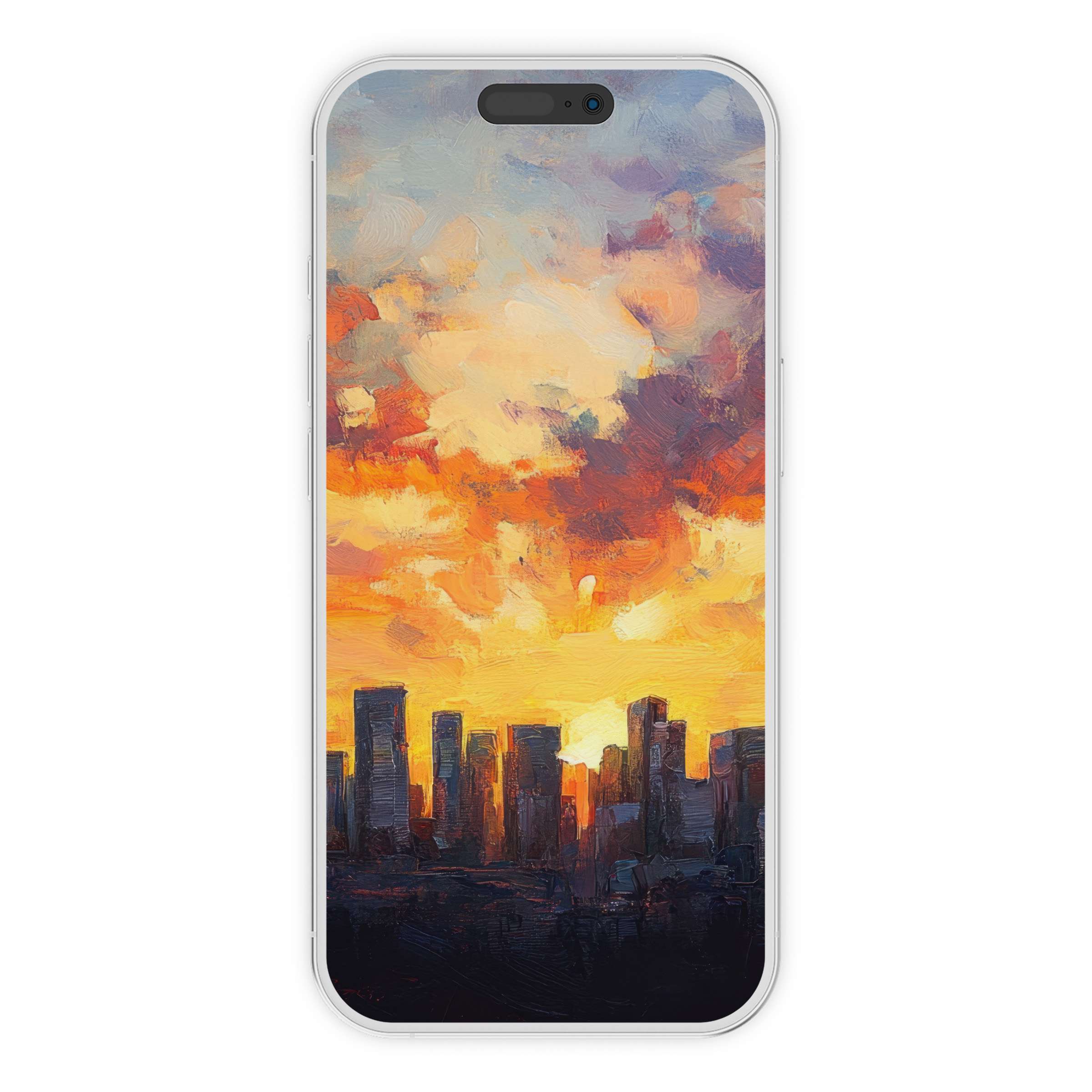 Urban art iPhone wallpaper featuring a vibrant digital download sunset skyline phone background ideal for both iPhone and Android
