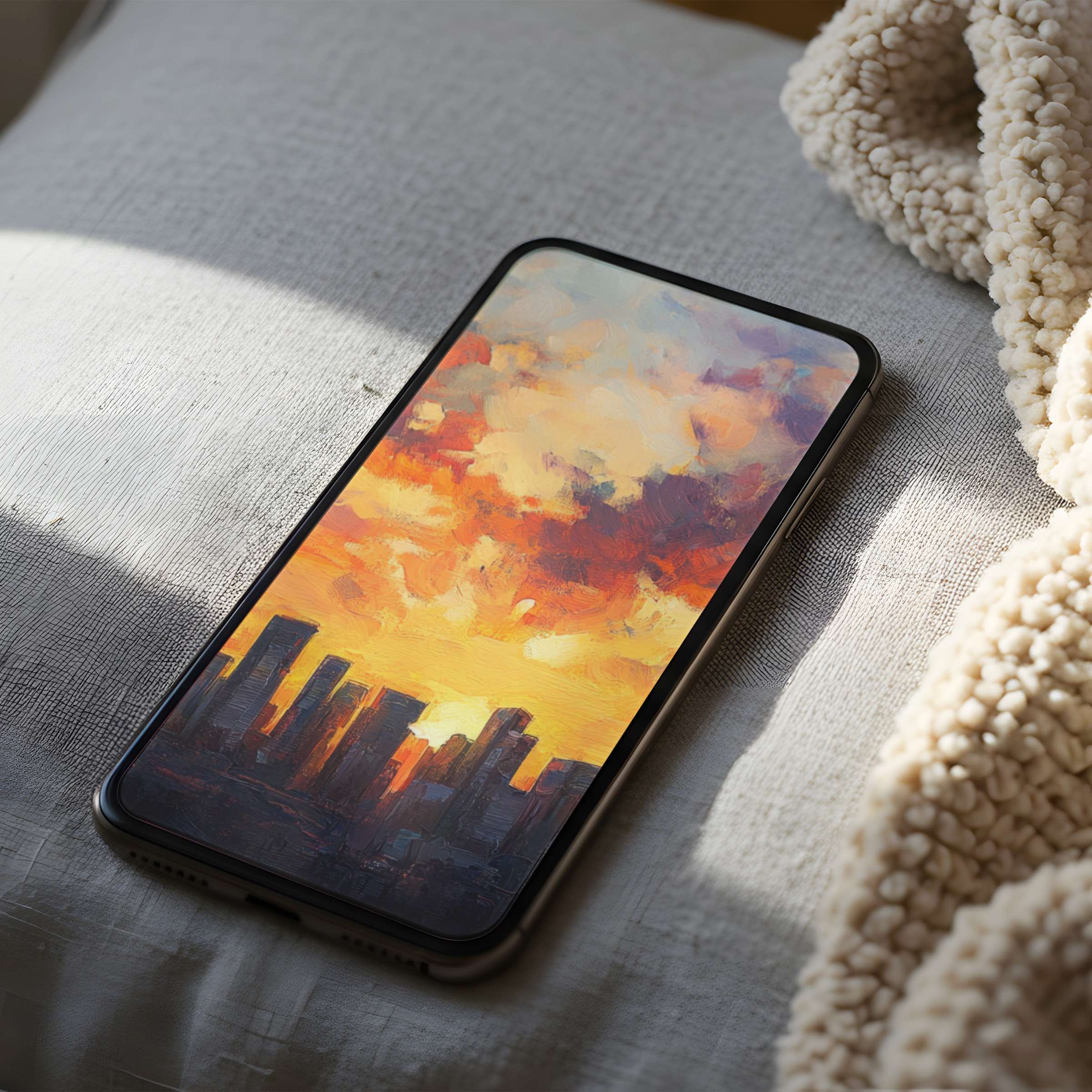 Elegant phone wallpaper featuring a sunset over a cityscape in high resolution art style, ideal for iPhone and Android download