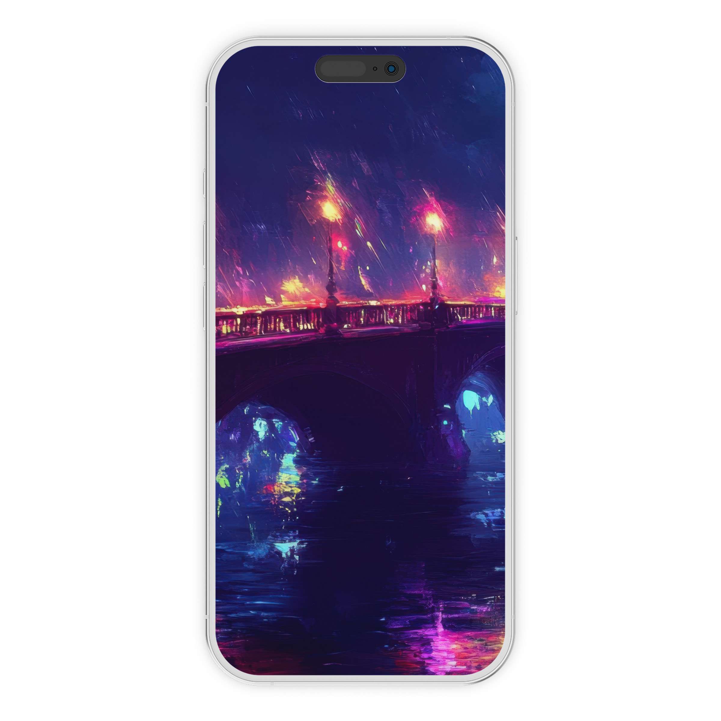 Vibrant urban art iPhone wallpaper with elegant bridge and colorful lights, perfect phone digital download background for serene style