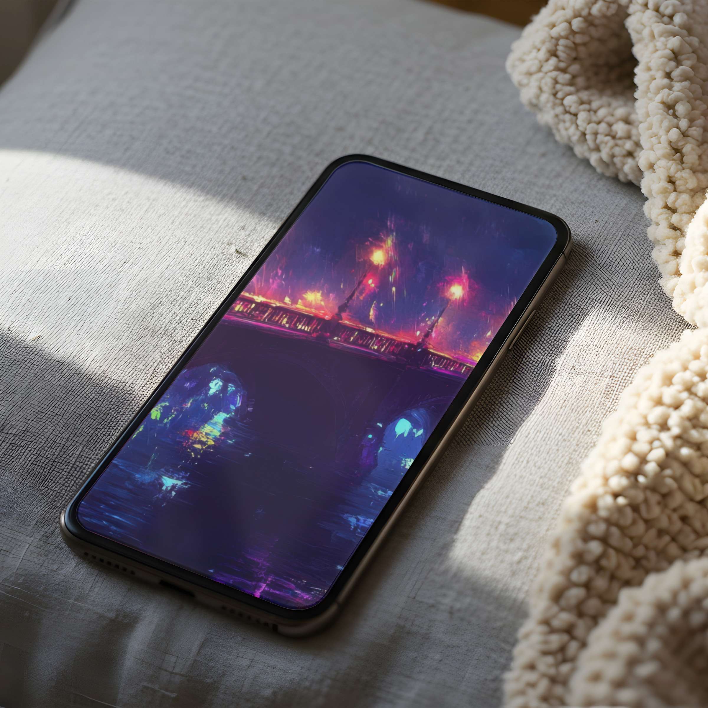 Luxurious phone wallpaper featuring a vibrant, dreamy city bridge in high resolution, perfect for iPhone and Android digital download