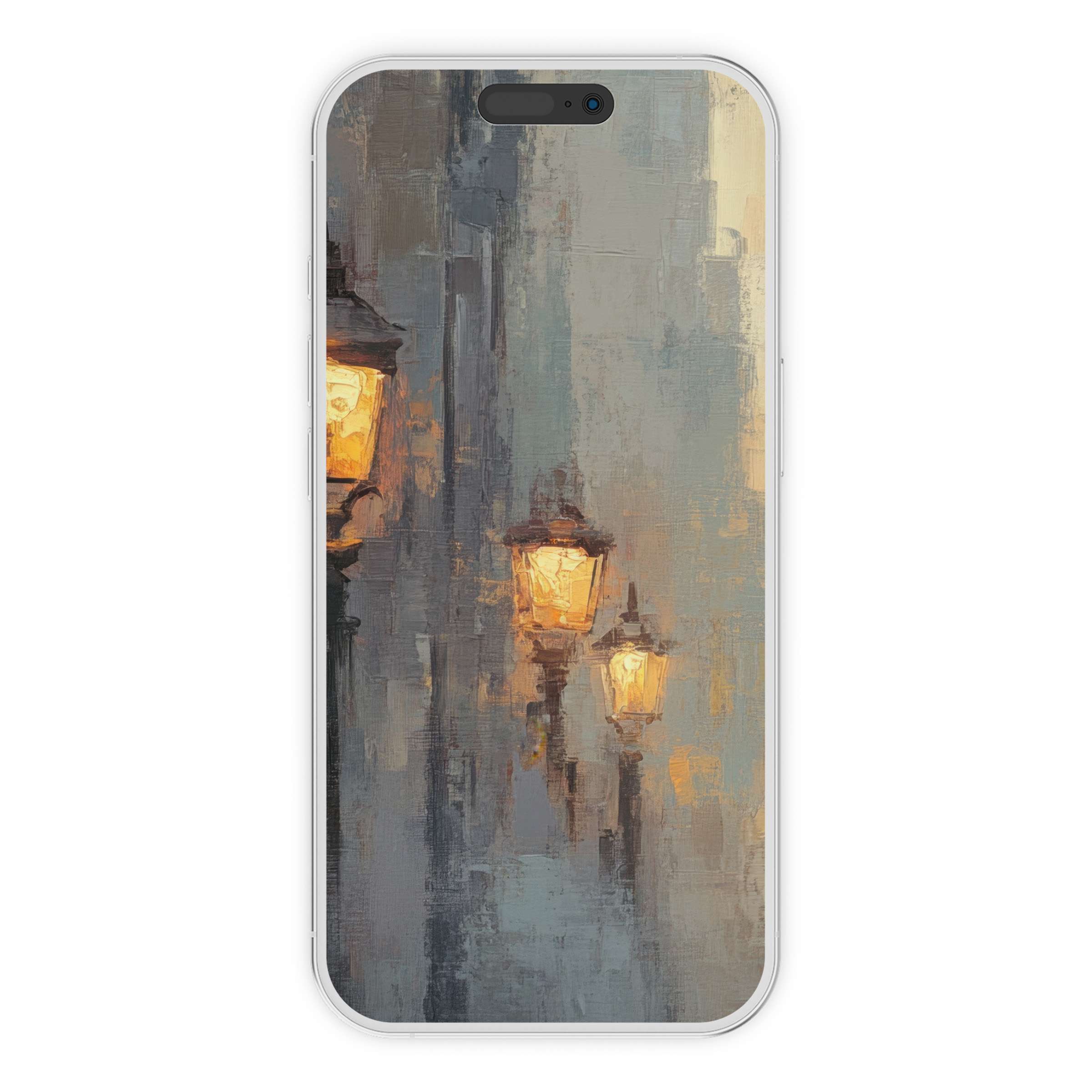 Urban art iPhone wallpaper featuring glowing street lamps on textured gray canvas digital download for elegant phone background
