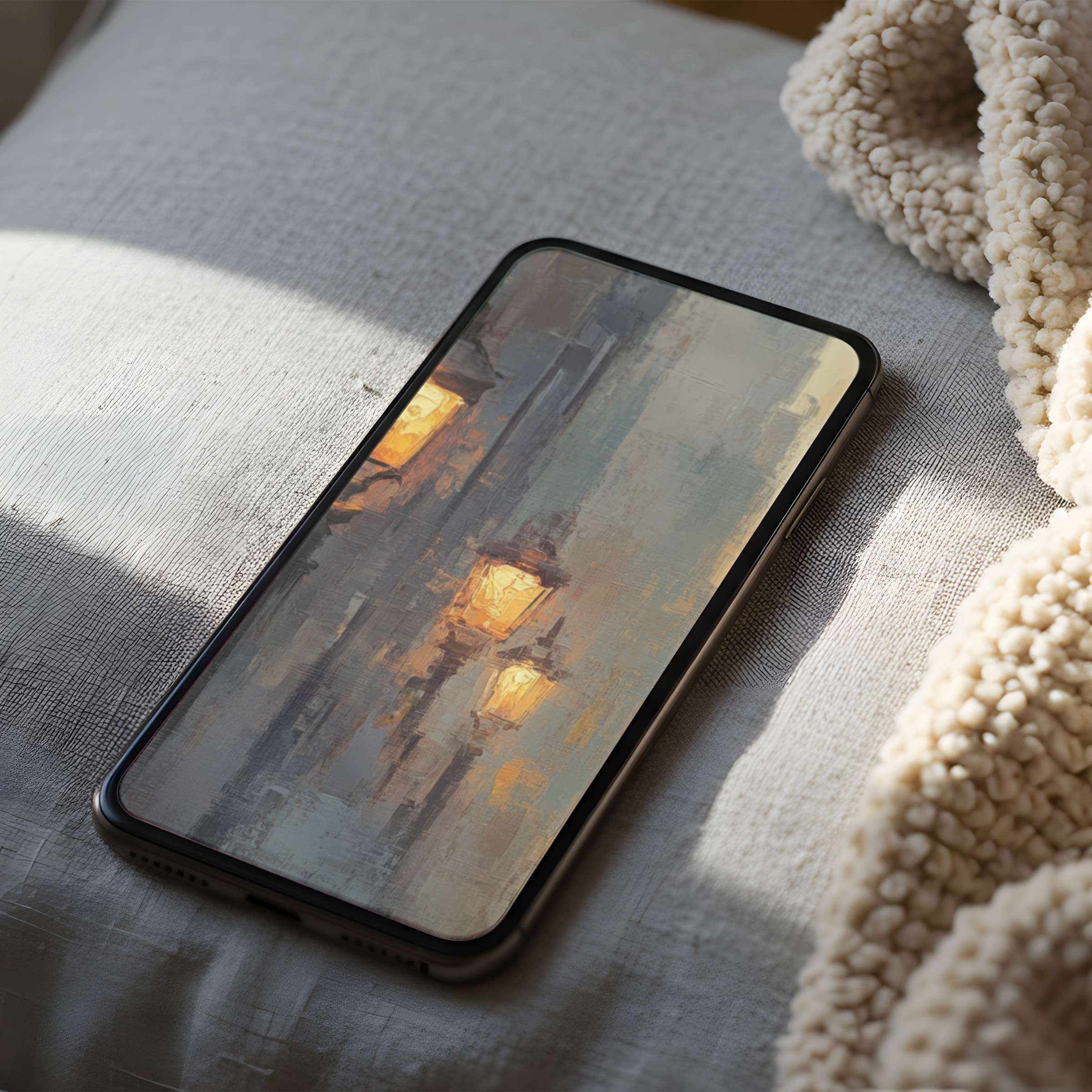 Elegant phone wallpaper with soft, warm lanterns in a serene digital art style suitable for iPhone and Android digital download