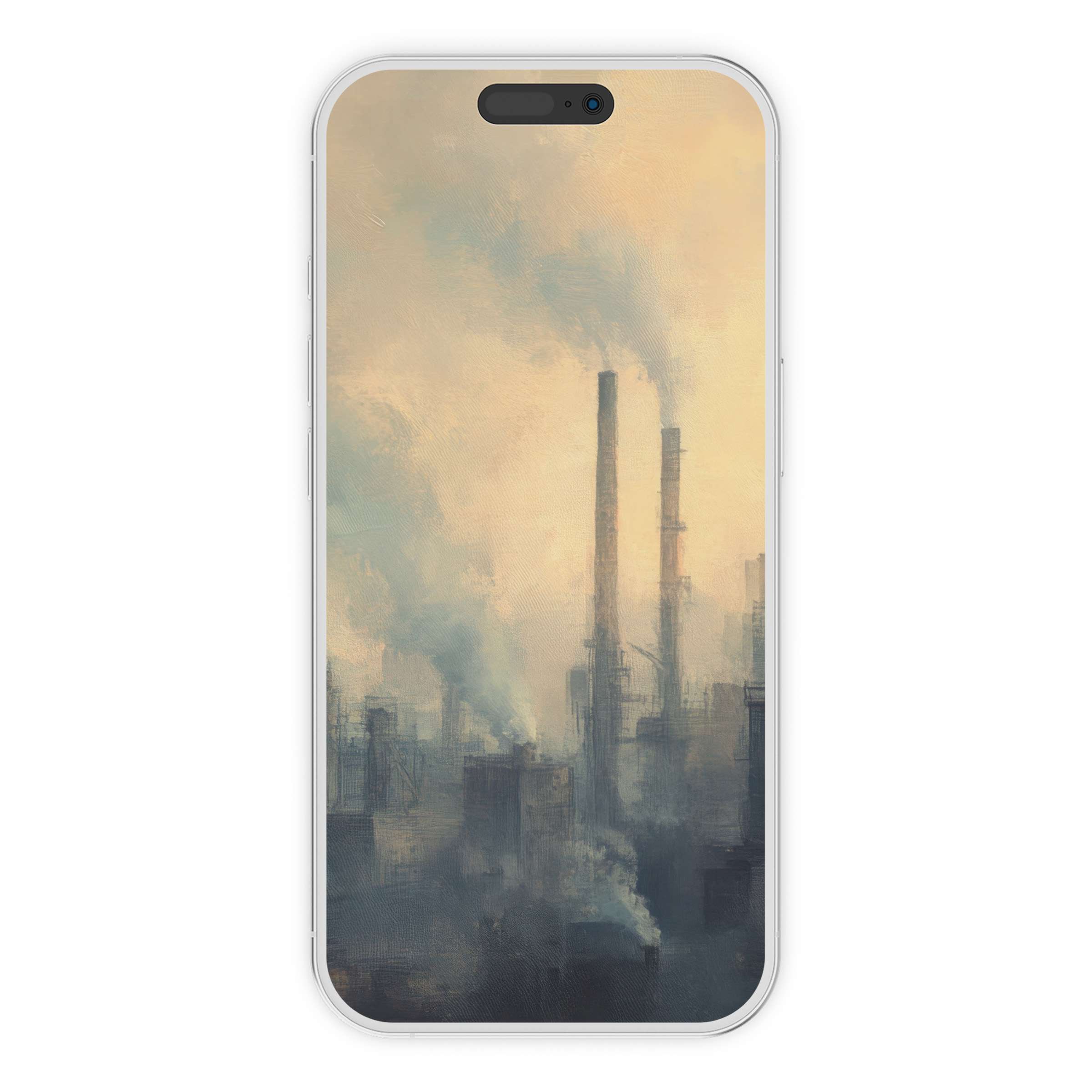 Urban art iPhone wallpaper showcasing a serene industrial landscape with pastel tones suitable for phone background digital download