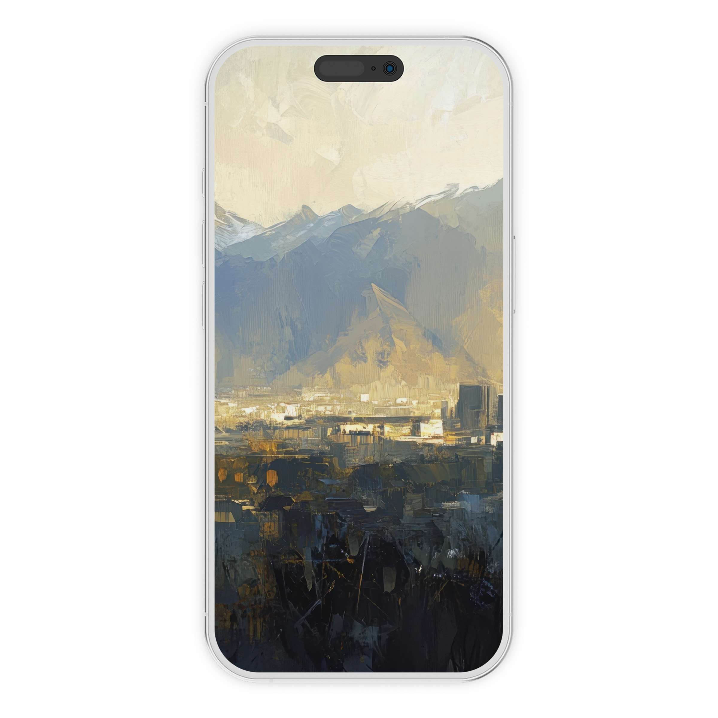 Elegant urban art iPhone wallpaper showcasing serene cityscape brushstrokes in muted hues perfect for phone background digital download