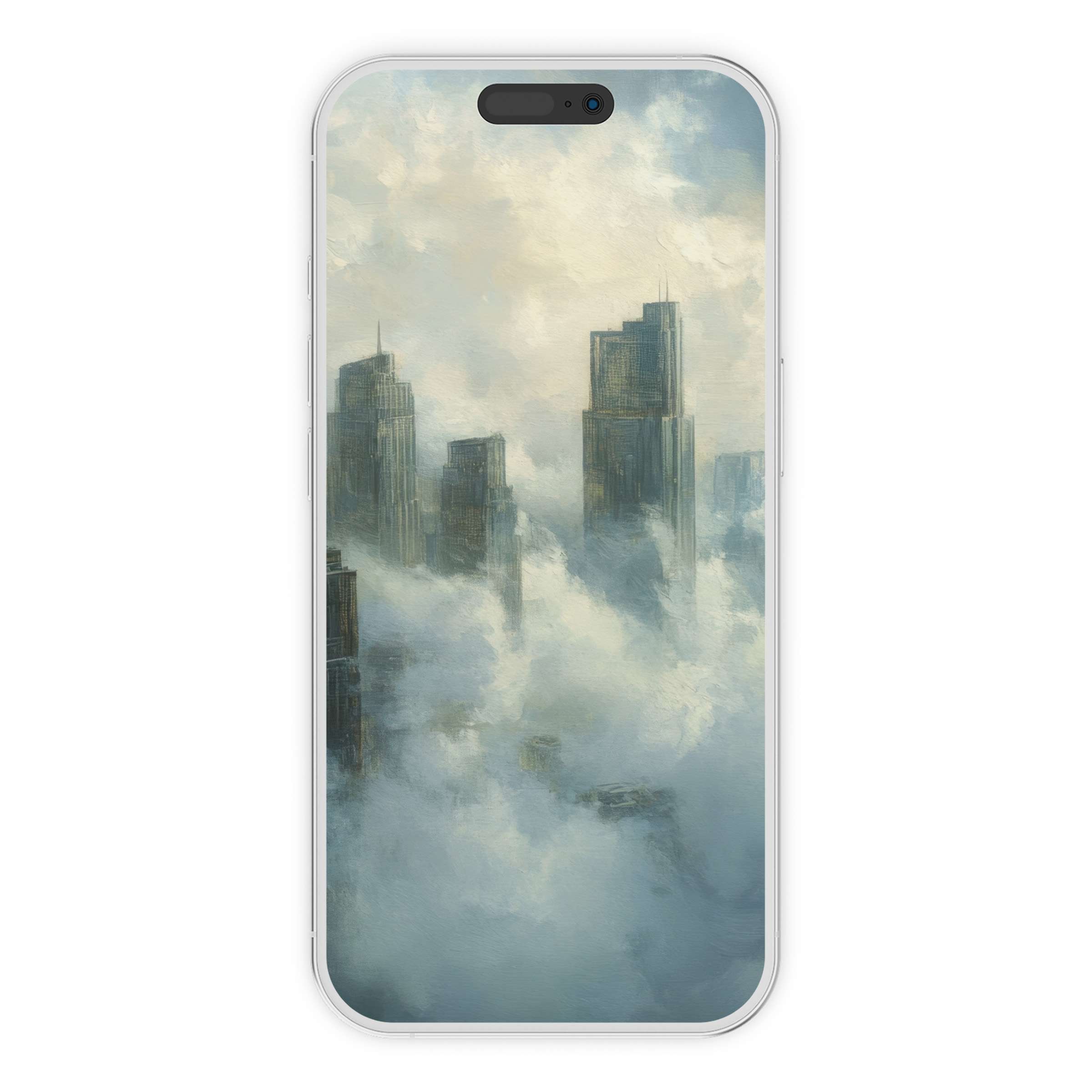 Urban art iPhone wallpaper with misty skyscrapers in soothing tones offers a serene phone background digital download option
