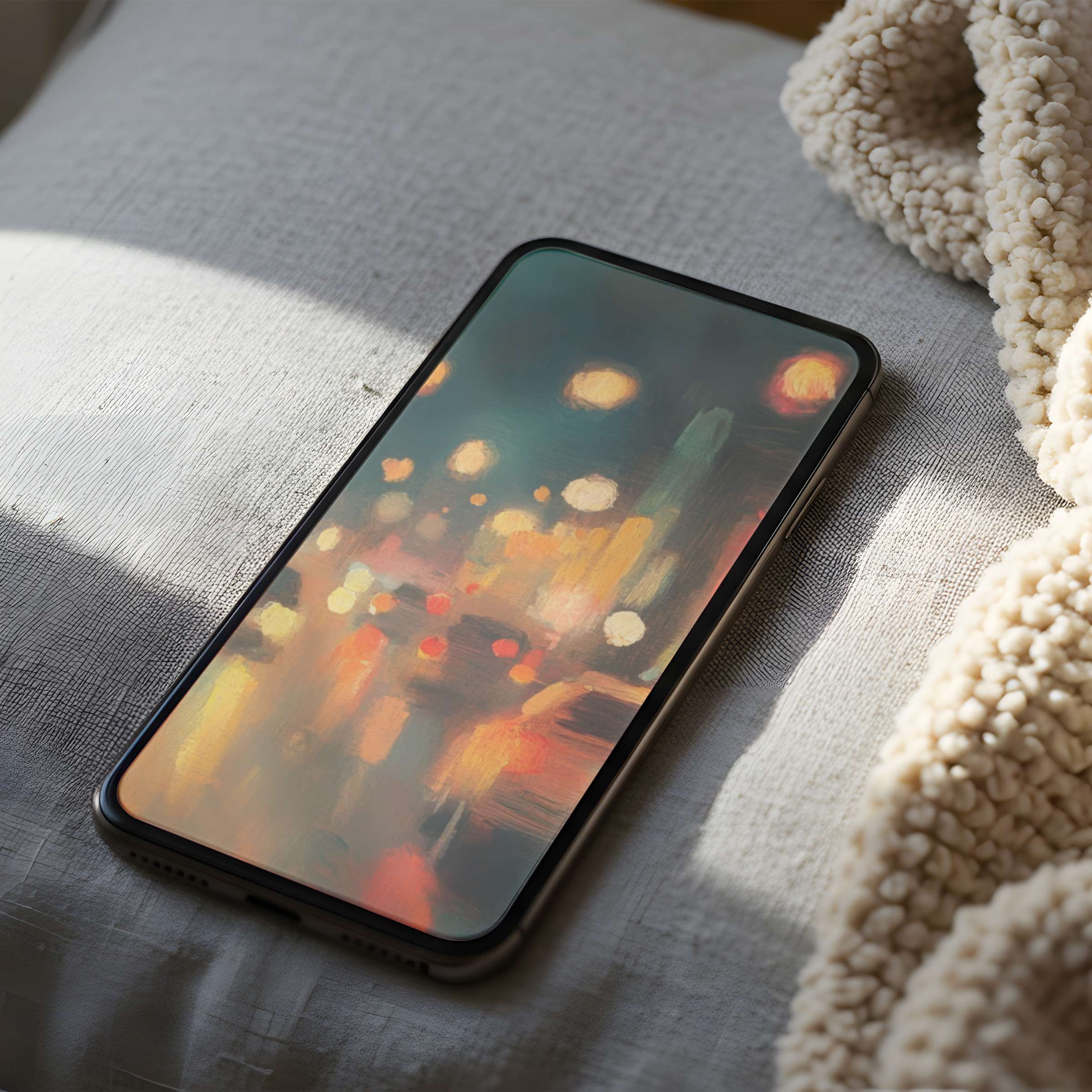Elegant phone wallpaper featuring abstract city lights in warm tones, perfect for iPhone and Android, offering calm and high resolution downloads