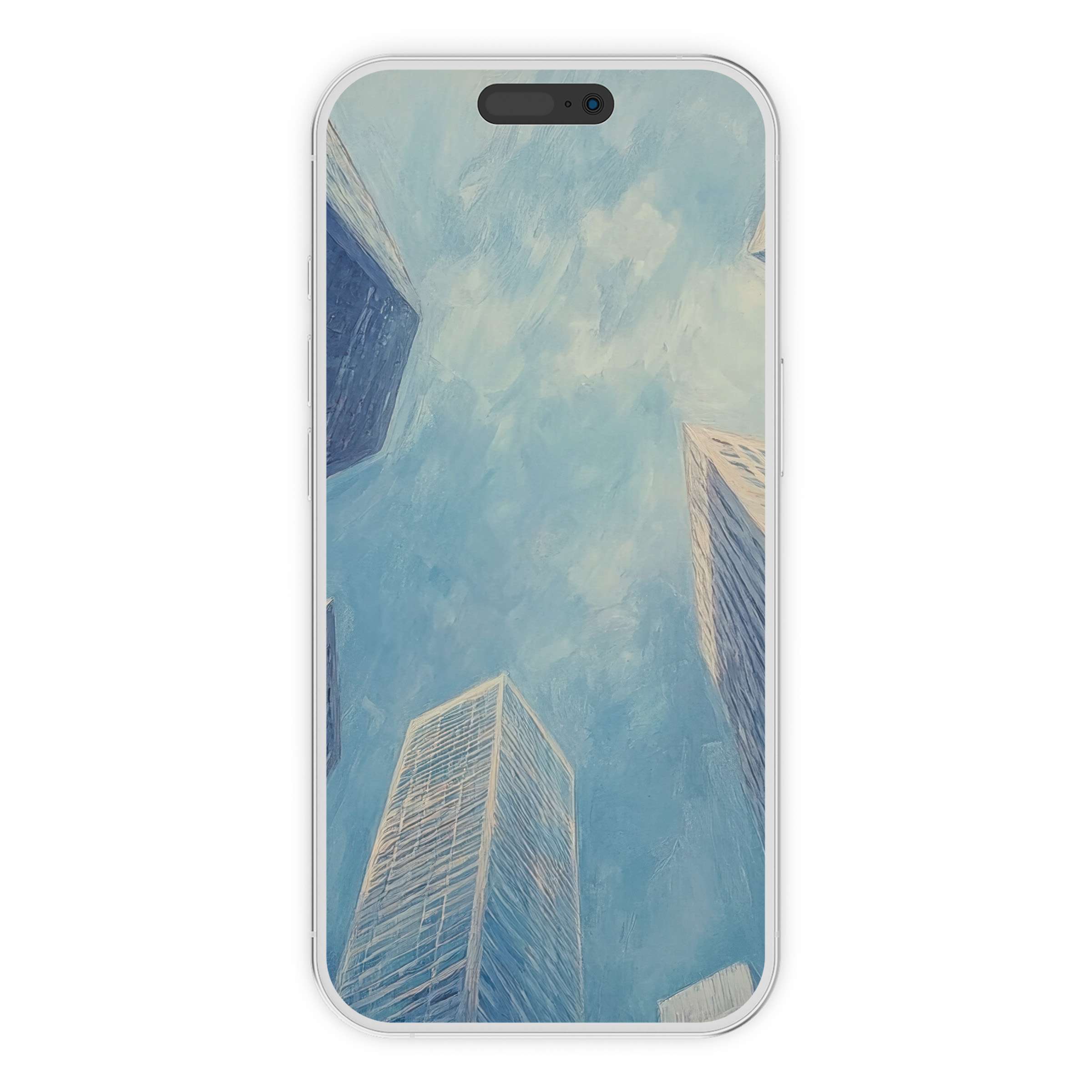 Urban art iPhone wallpaper features serene skyscrapers against a cloudy sky, offering a digital download perfect for phone backgrounds