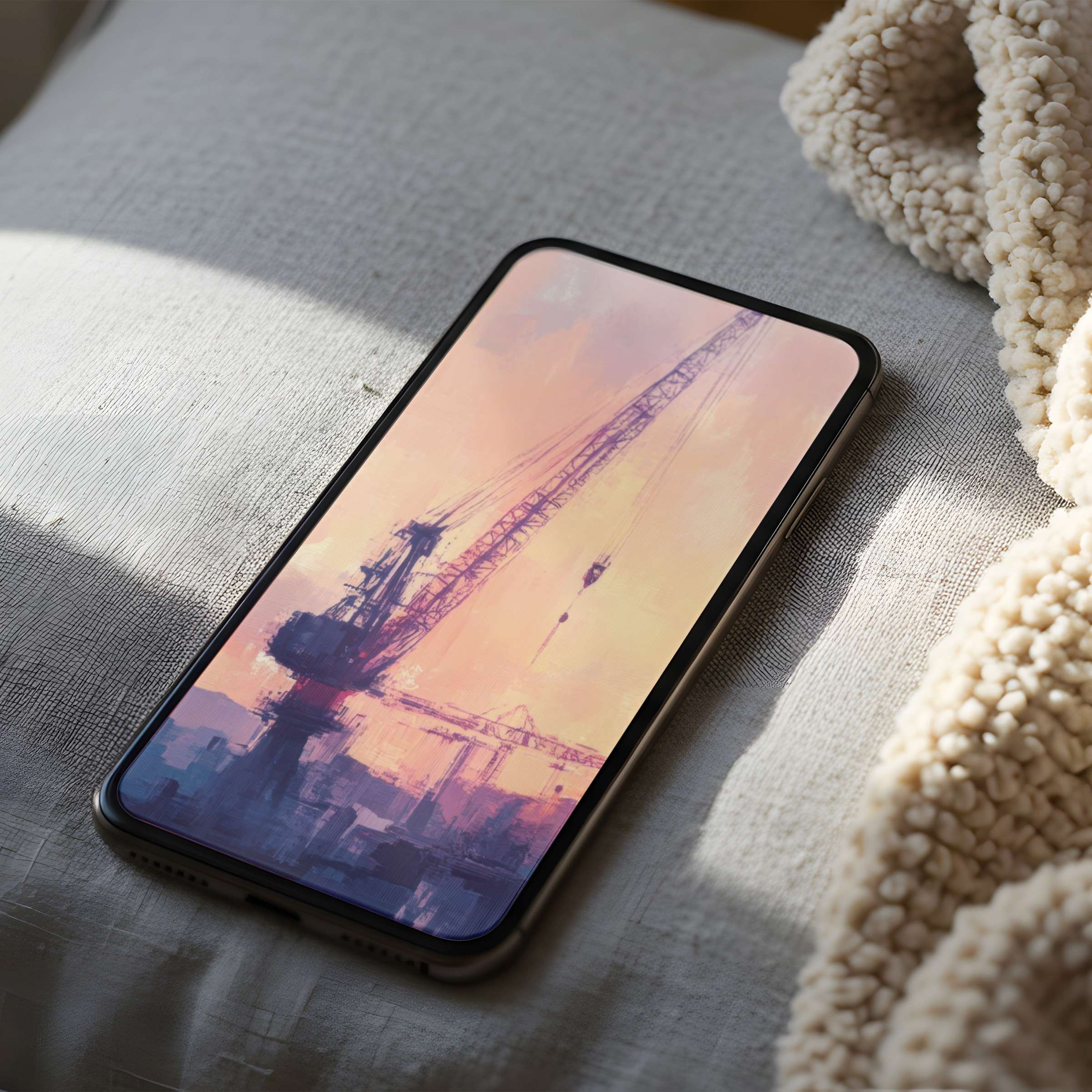 Elegant phone wallpaper featuring serene sunset hues over a crane silhouette ideal for iPhone and Android high-resolution digital download