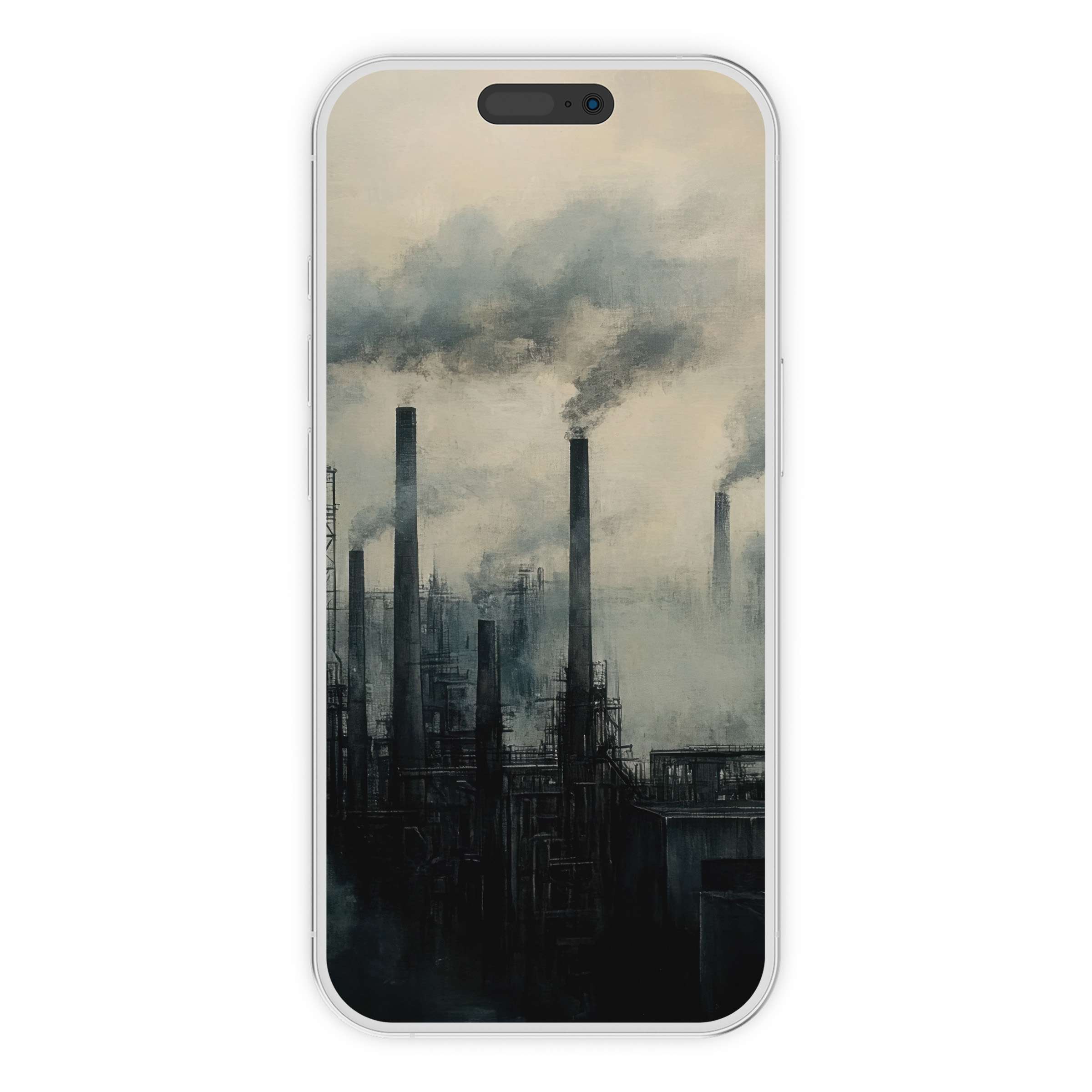 Urban art iPhone wallpaper features moody industrial landscape in soothing grays, perfect phone background for style-conscious users seeking a digital download