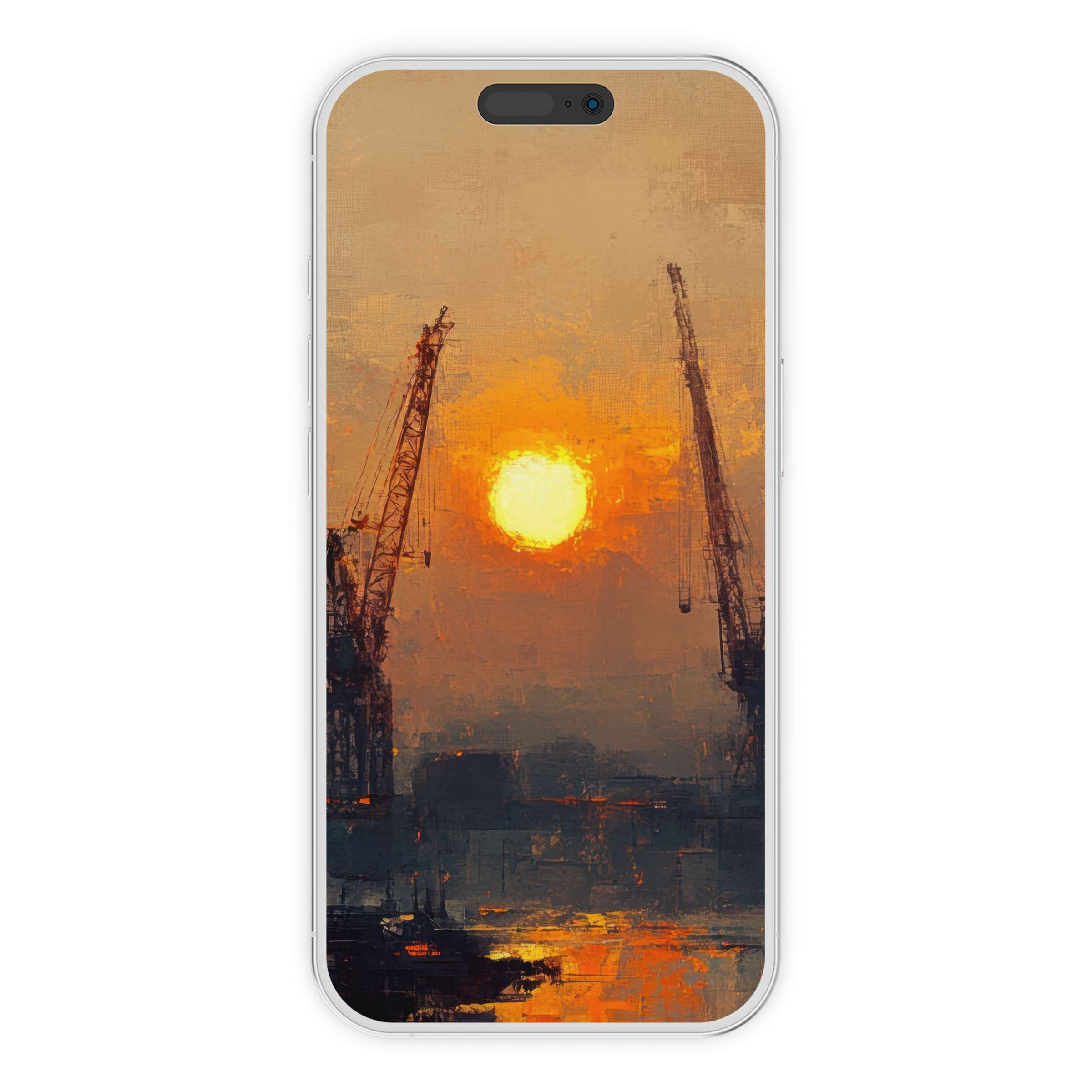Urban art iPhone wallpaper featuring sunset over cranes with warm textures creating a calming background for phone digital download