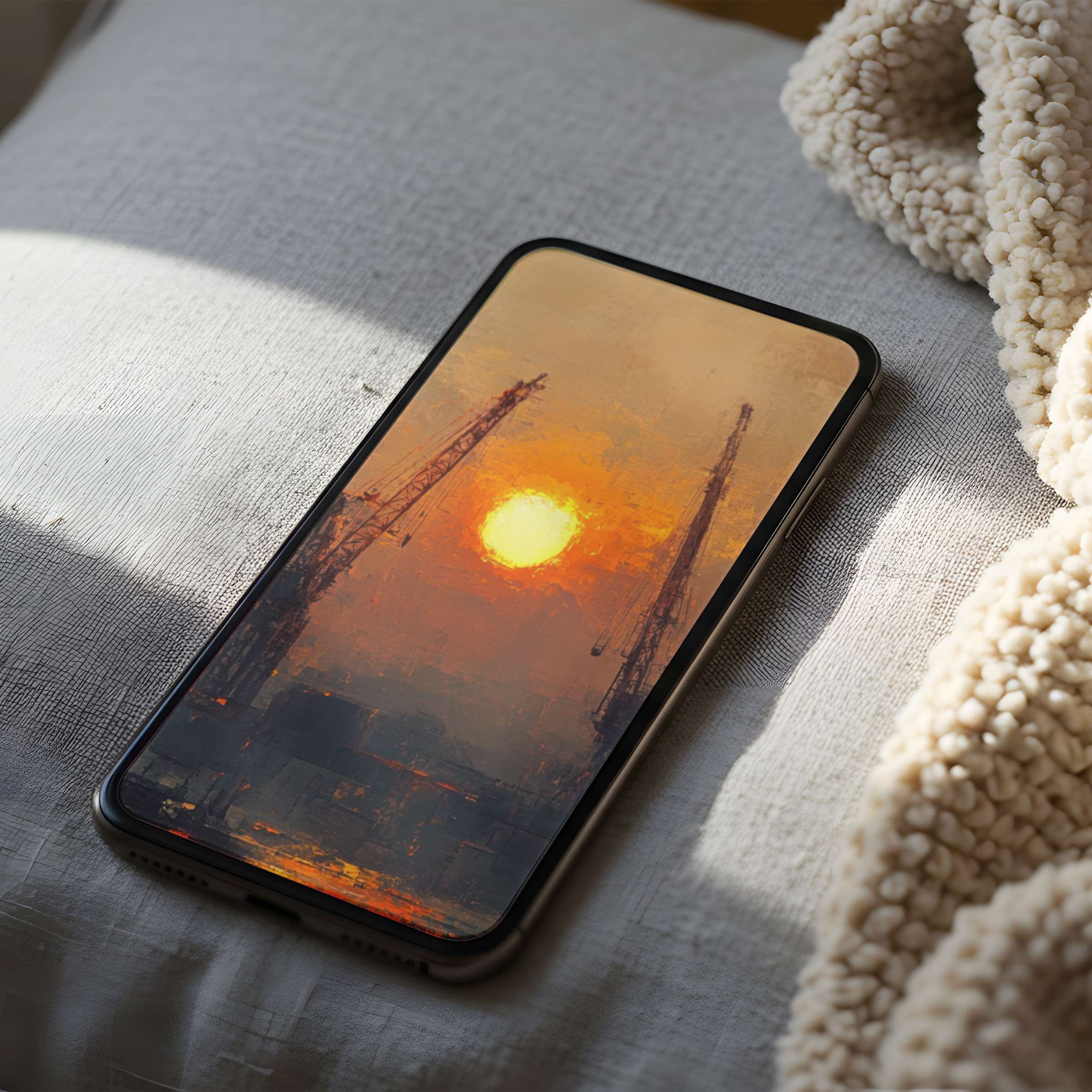 Vibrant sunset phone wallpaper featuring cranes in an abstract style, perfect for iPhone and Android, offering serene digital download